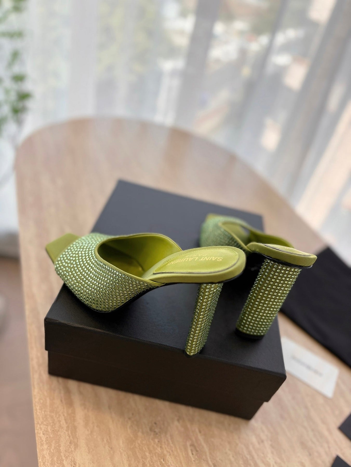 HIGH HEEL BLONDE MULE 10 CM IN OLIVE GREEN SATIN WITH RHINESTONES