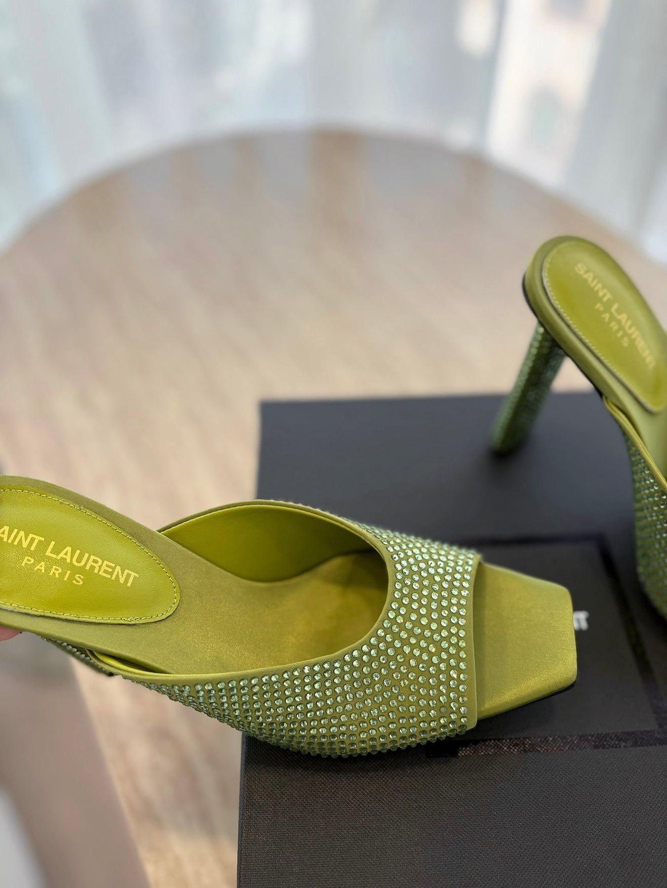 HIGH HEEL BLONDE MULE 10 CM IN OLIVE GREEN SATIN WITH RHINESTONES