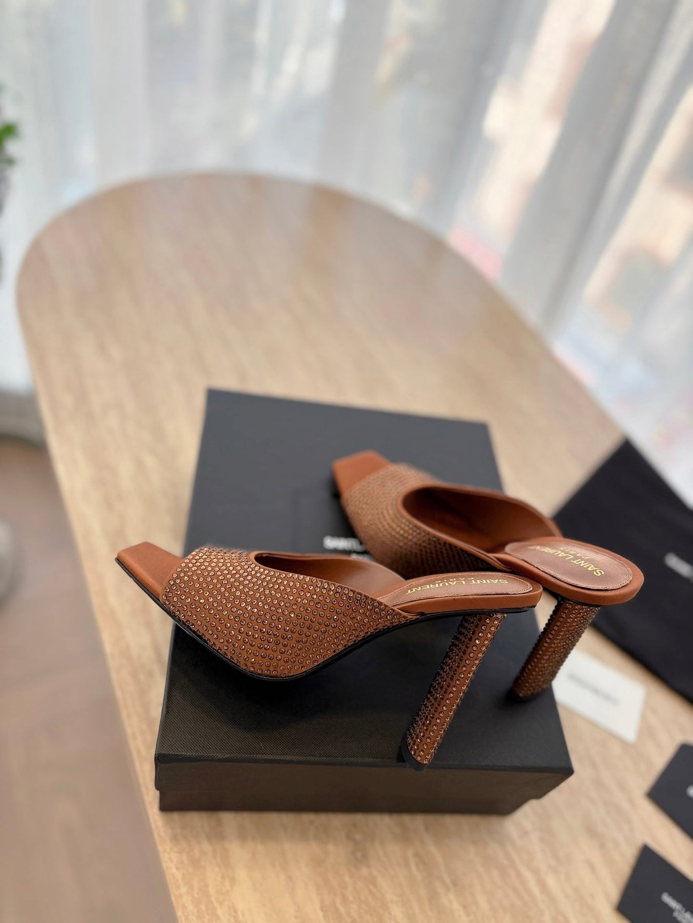 HIGH HEEL BLONDE MULE 10 CM IN BRONZE BROWN SATIN WITH RHINESTONES