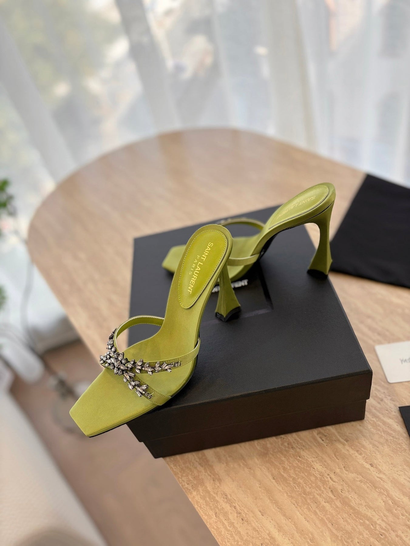 RAV HIGH HEEL 10 CM EMBELLISHED OLIVE GREEN SATIN MULES