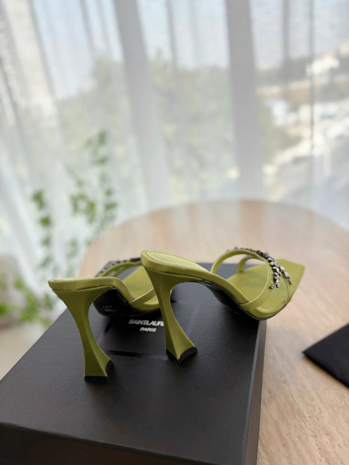 RAV HIGH HEEL 10 CM EMBELLISHED OLIVE GREEN SATIN MULES