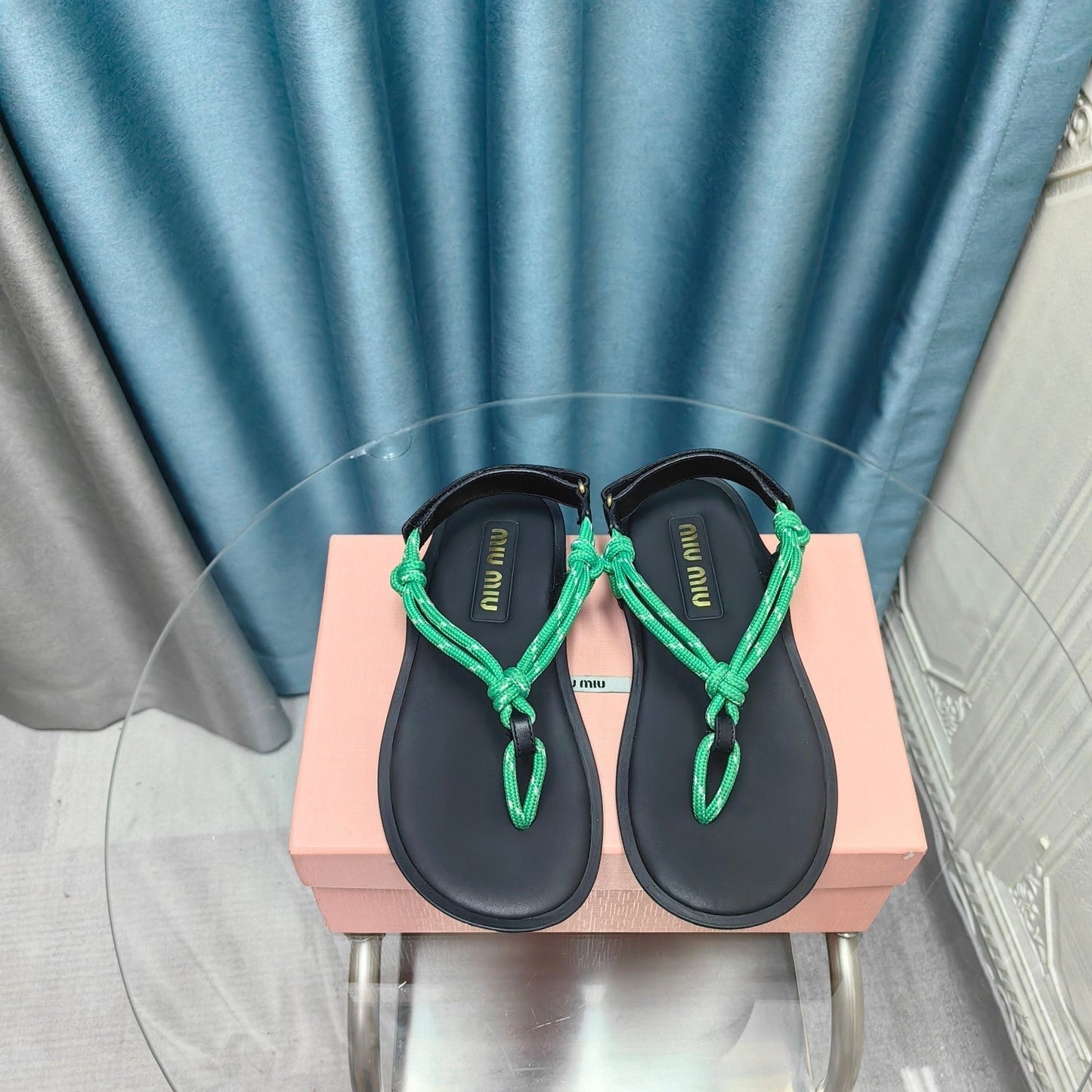 FLIP-FLOPS SANDAL BLACK SHEEPSKIN WITH BRIGHT BLUE STRAP