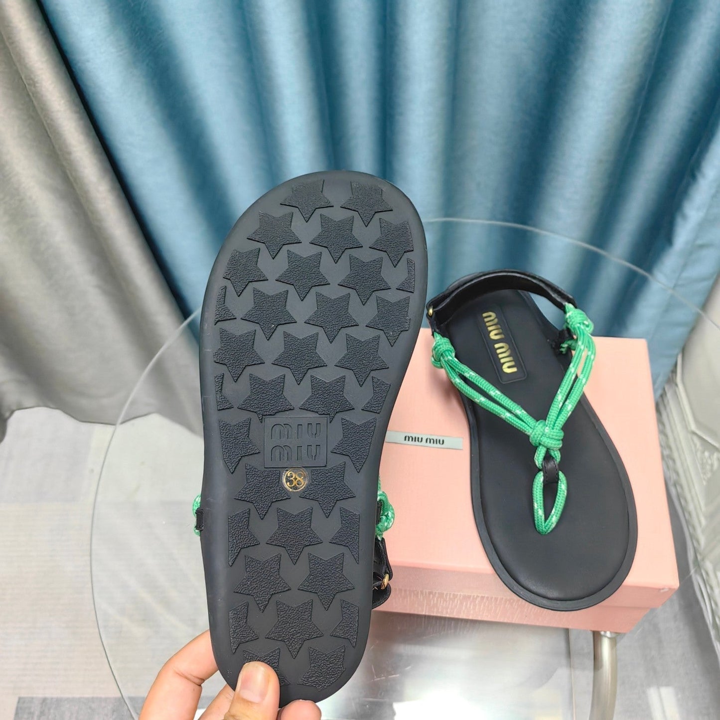 FLIP-FLOPS SANDAL BLACK SHEEPSKIN WITH BRIGHT BLUE STRAP