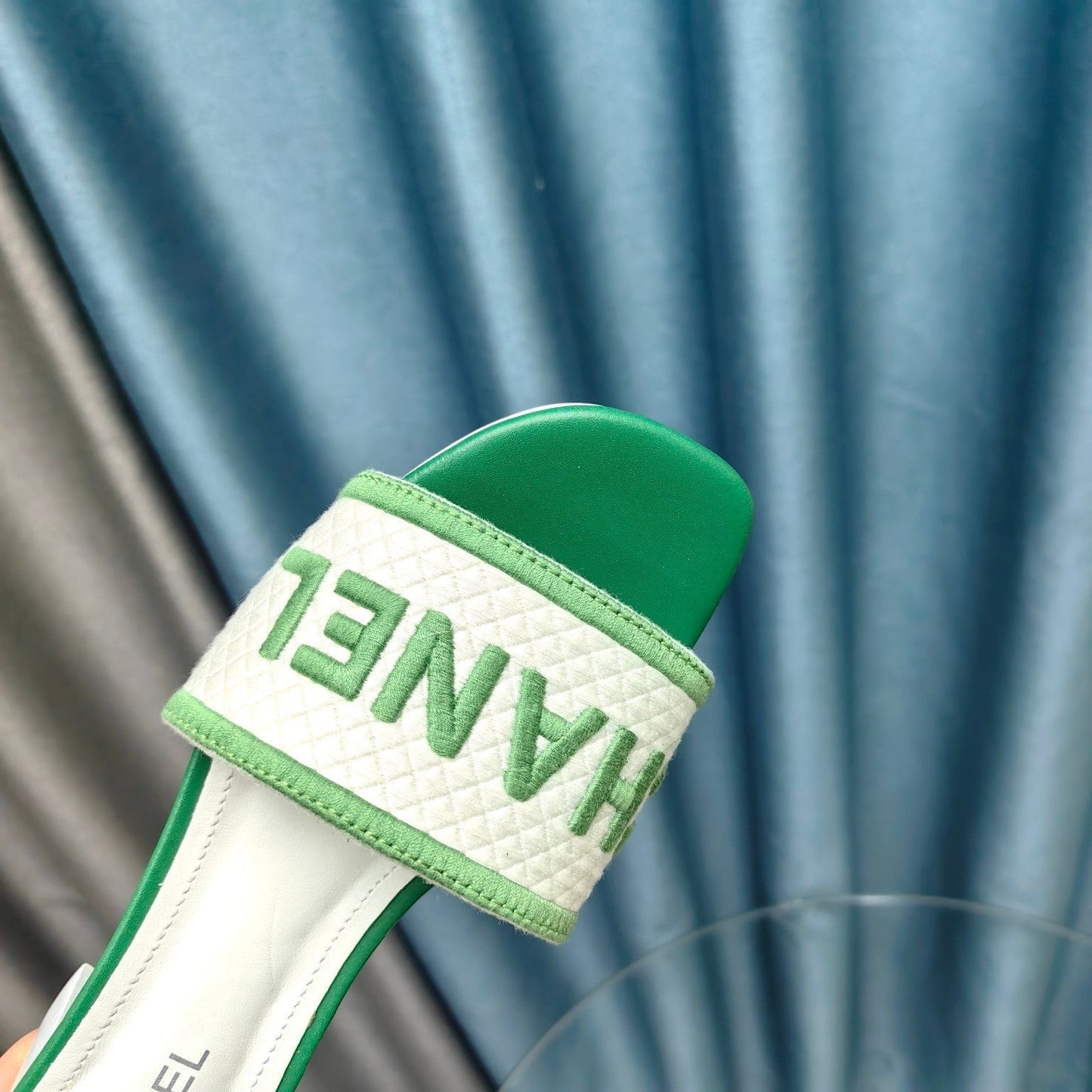 MULE SANDAL 45 WHITE MIX LIGHT GREEN FABRIC EMBROIDERY