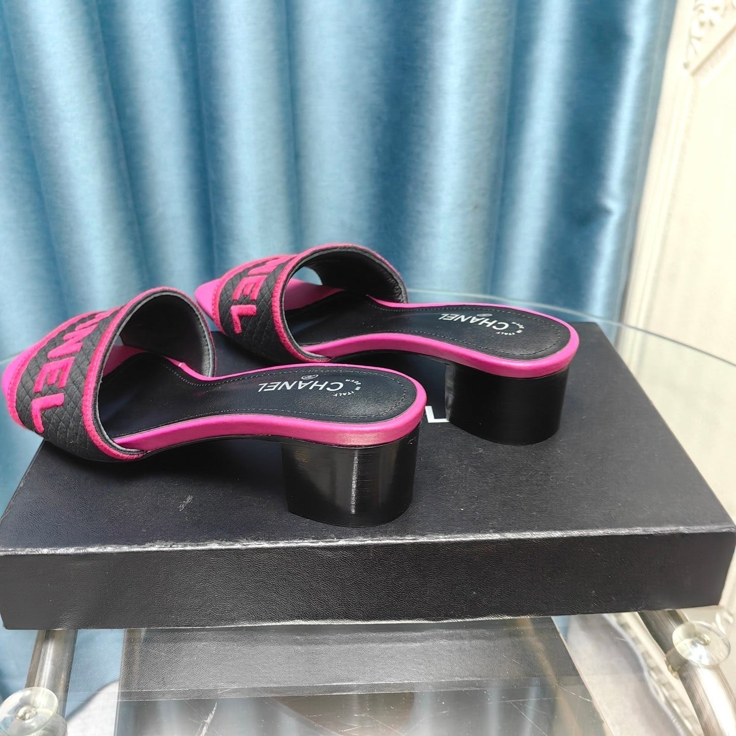 MULE SANDAL 45 BLACK PINK FABRIC EMBROIDERY