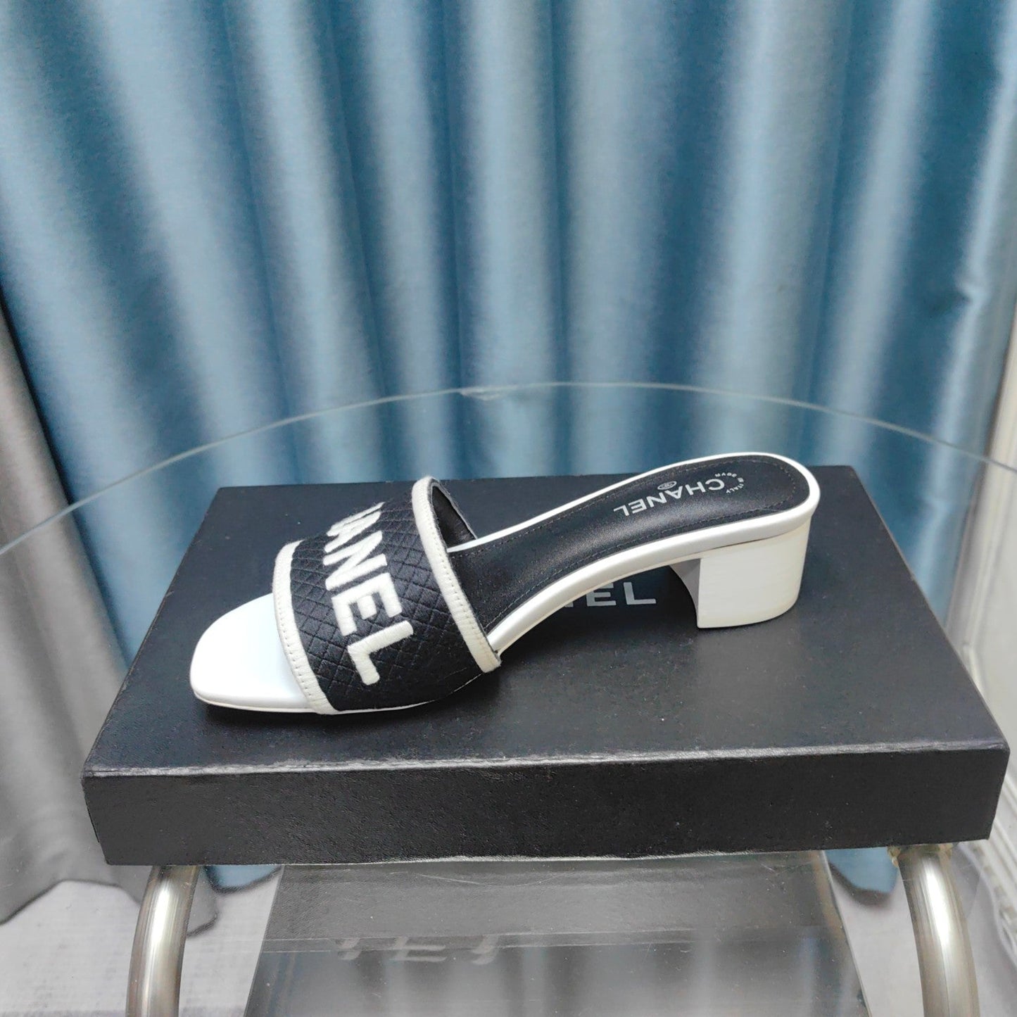 MULE SANDAL 45 WHITE BLACK FABRIC EMBROIDERY