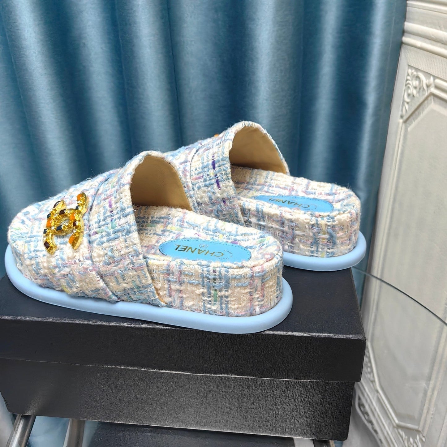 PLATFORM HEELS SANDALS IN LIGHT BLUE TWEED