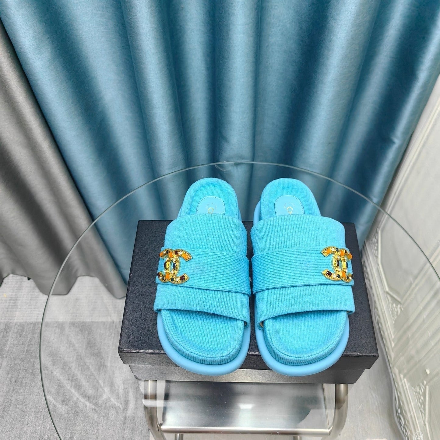 PLATFORM HEELS SANDALS IN SAPPHIRE BLUE WOOLEN FABRIC