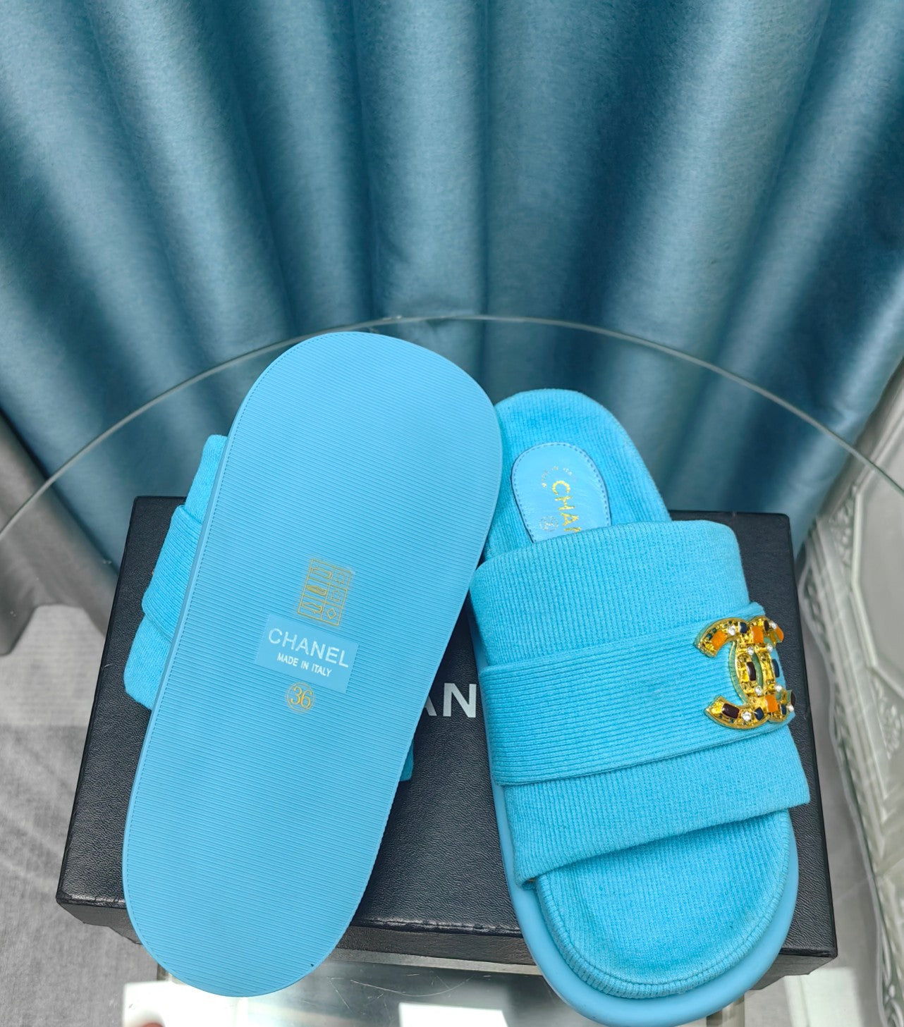 PLATFORM HEELS SANDALS IN SAPPHIRE BLUE WOOLEN FABRIC