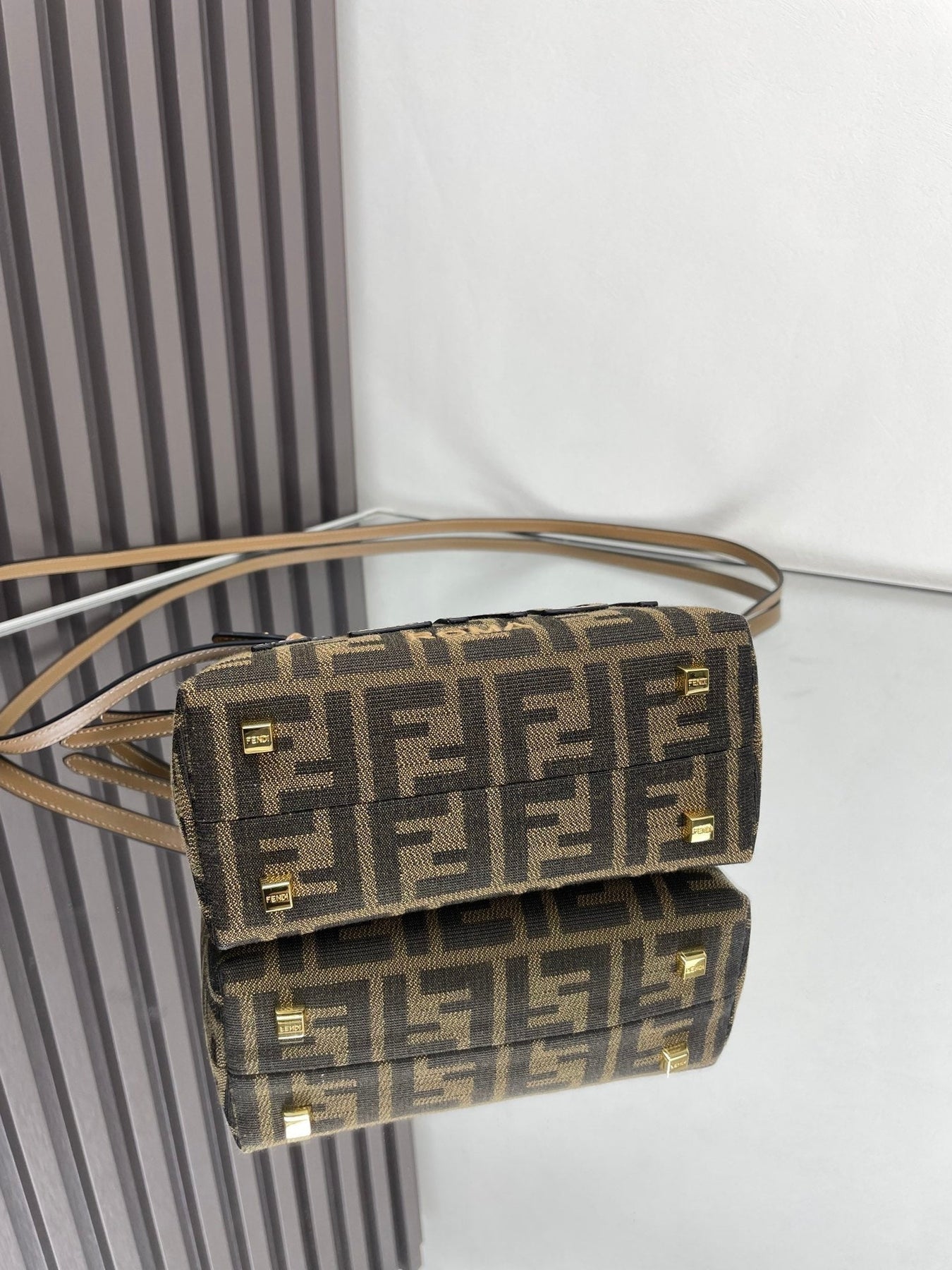 BY THE WAY MINI 18 IN SOYA BEAN JACQUARD FABRIC AND BROWN CALFSKIN TRIM