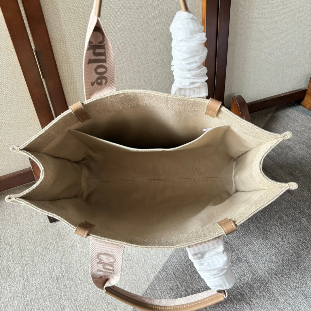LAGRE WOODY TOTE BAG 45 IN BEIGE LINEN CANVAS LIGHT PINK WEBBING LOGO EMBROIDERY