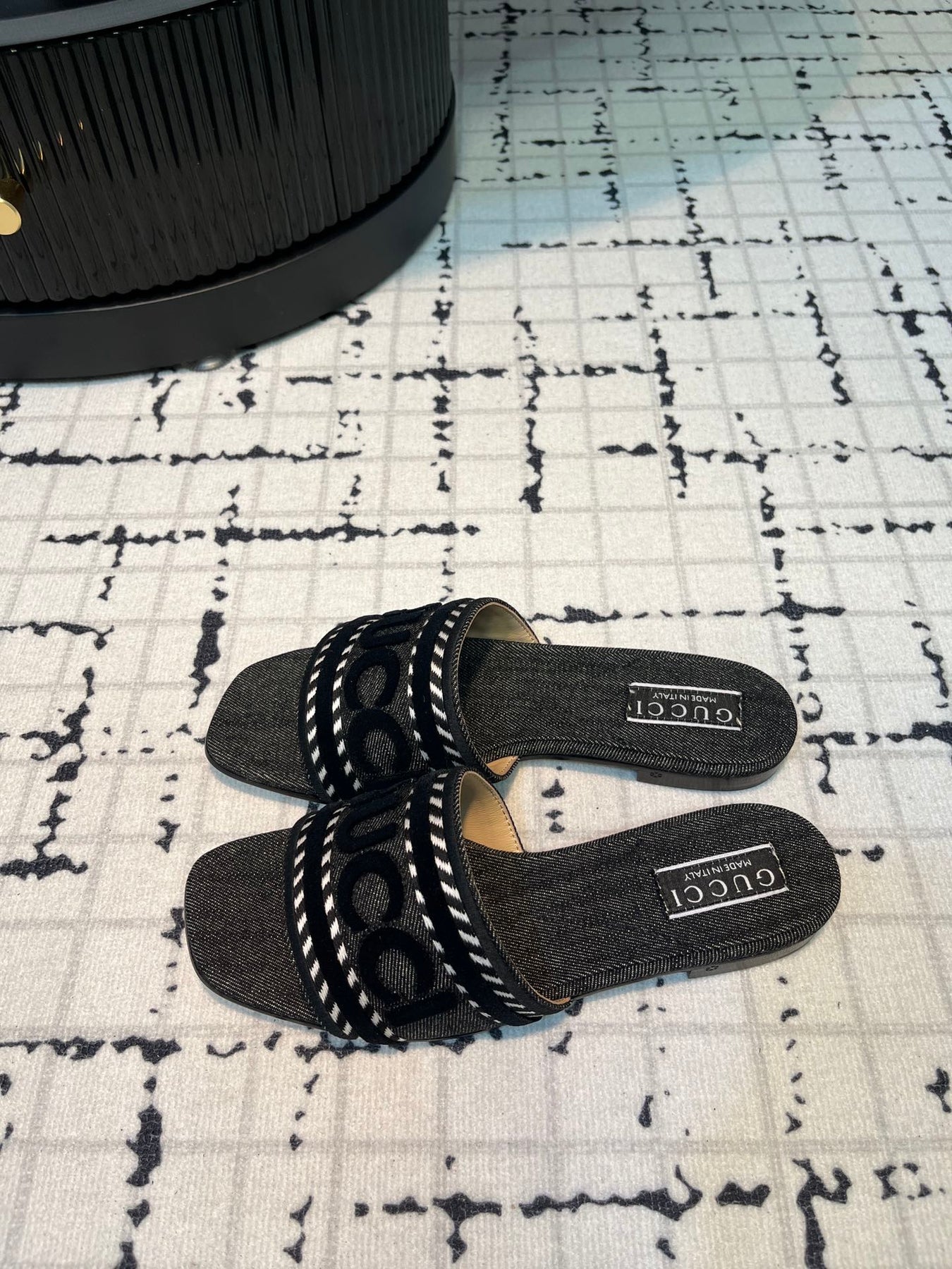 GG SLIDE SANDAL WITH GUCCI SCRIPT BLACK DENIM
