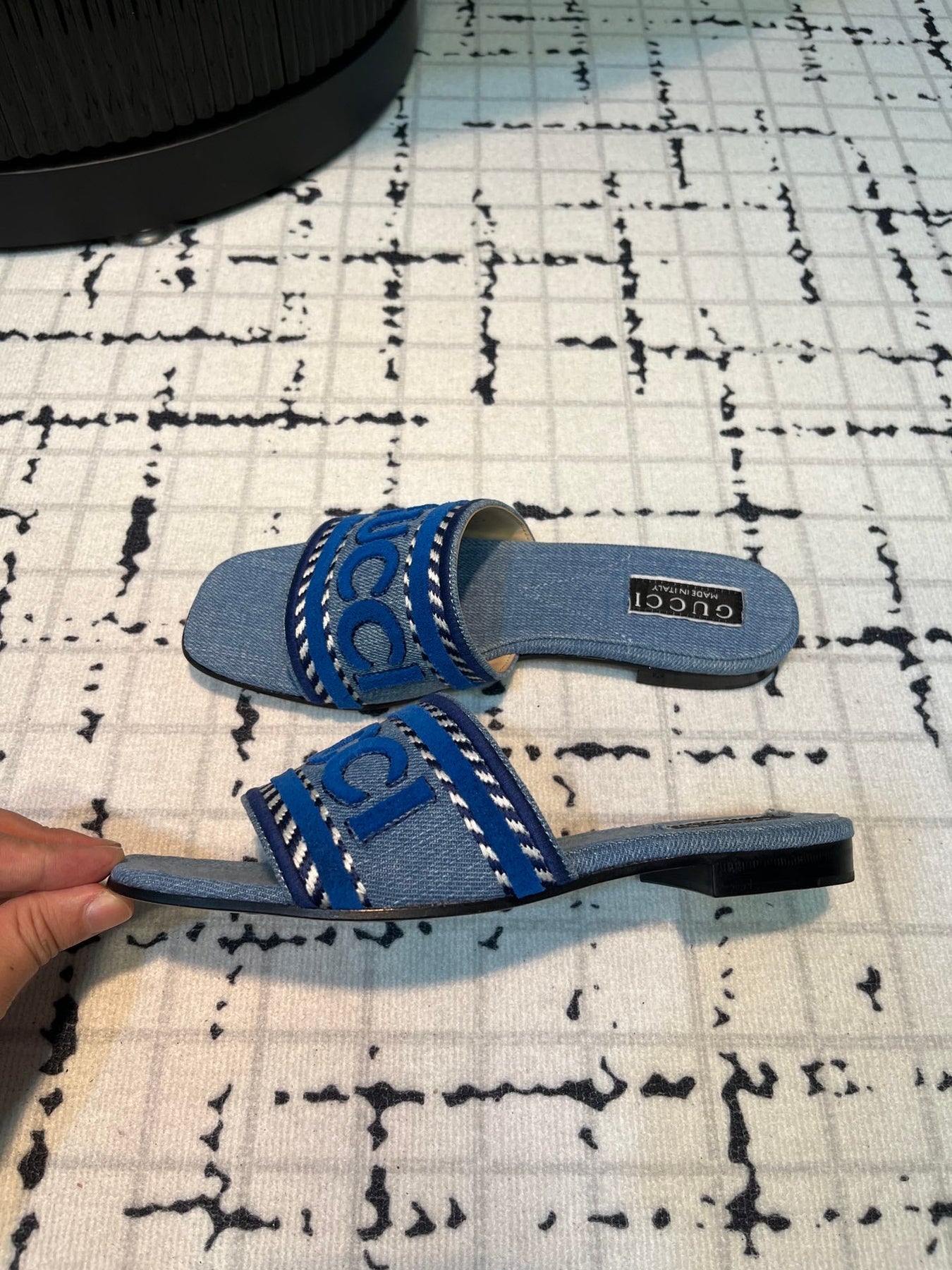 GG SLIDE SANDAL WITH GUCCI SCRIPT STONE DENIM