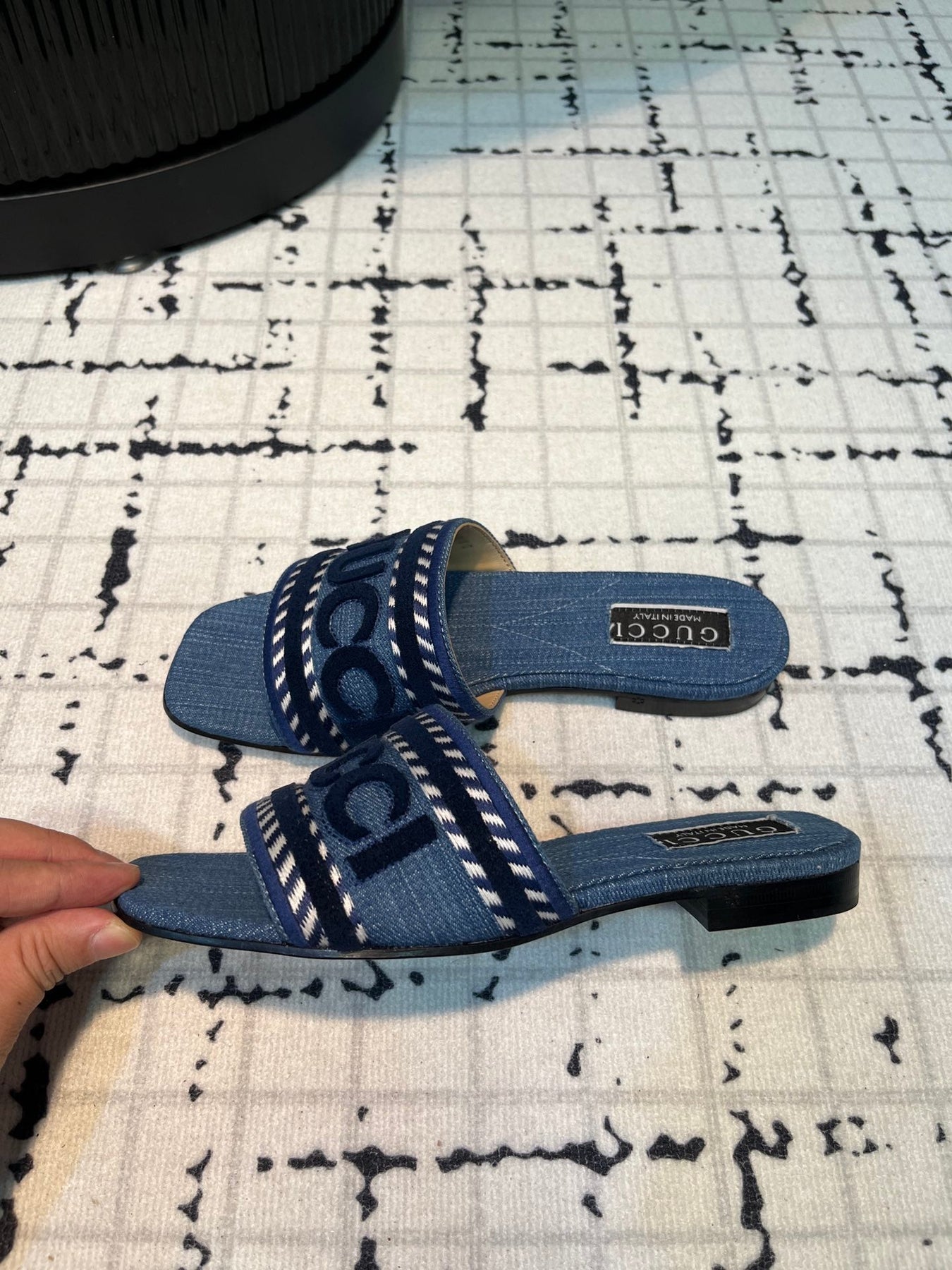 GG SLIDE SANDAL WITH GUCCI SCRIPT AEGEAN DENIM