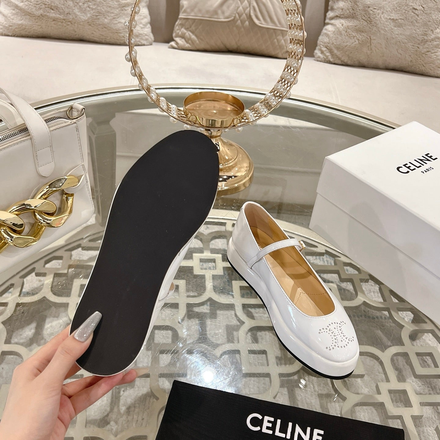 CLARA WEDGE MARY-JANE BALLERINA IN WHITE PATENT CALFSKIN