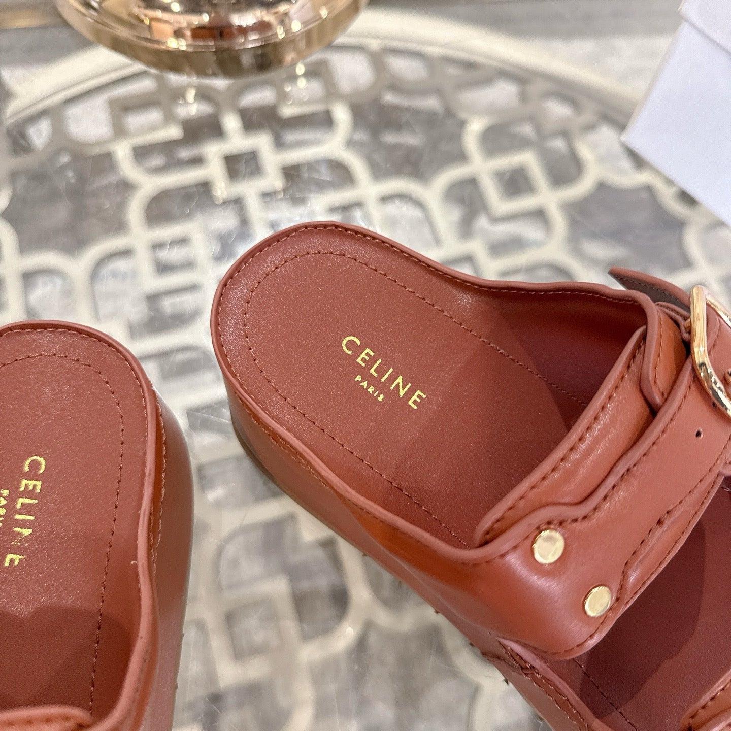 POLLY WEDGE MULE IN TAN BROWN SHINY CALFSKIN