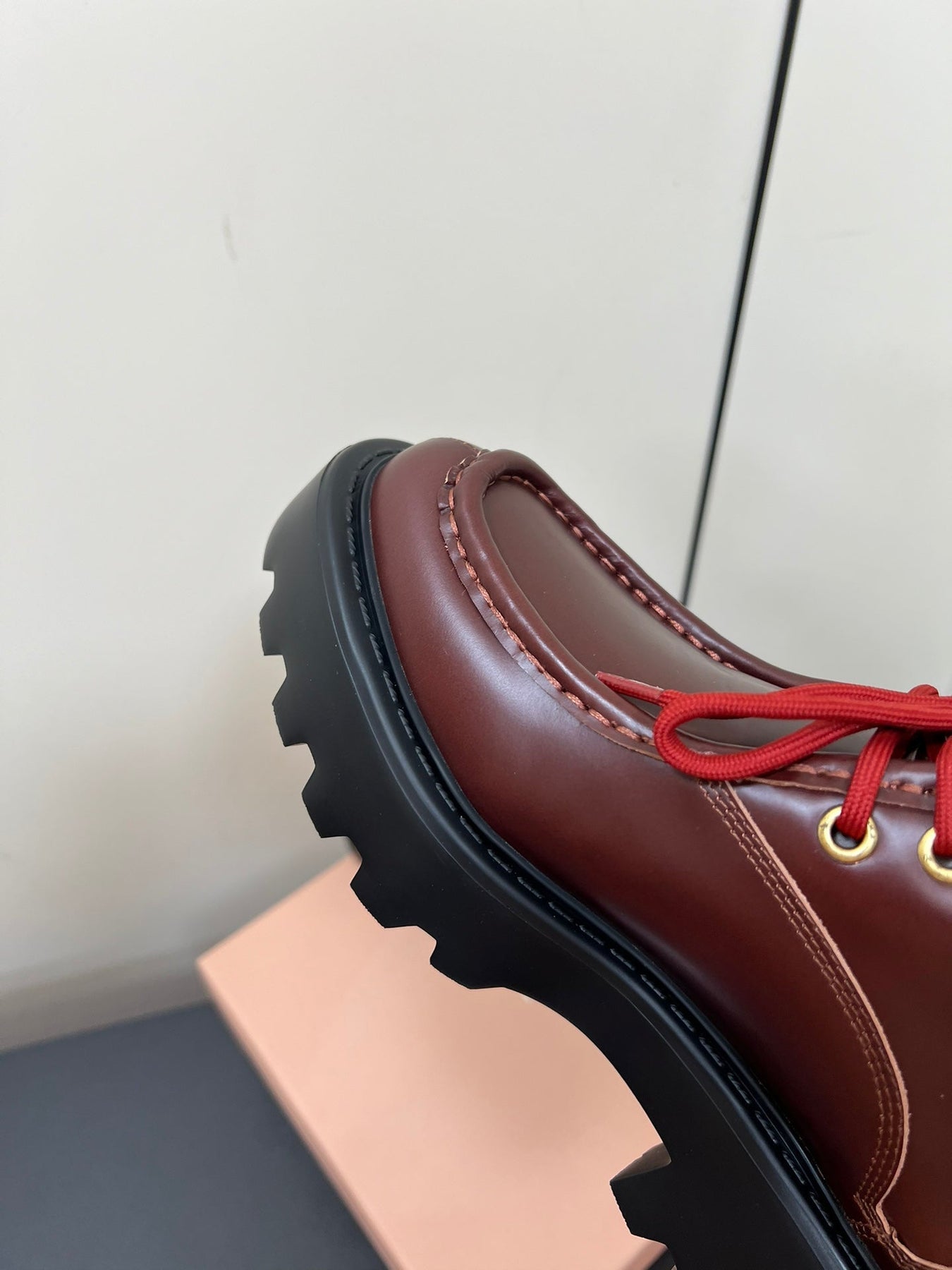 LACE-UP LOAFERS WITH THICK SOLE IN WINE RED SHINY SHEEPSKIN