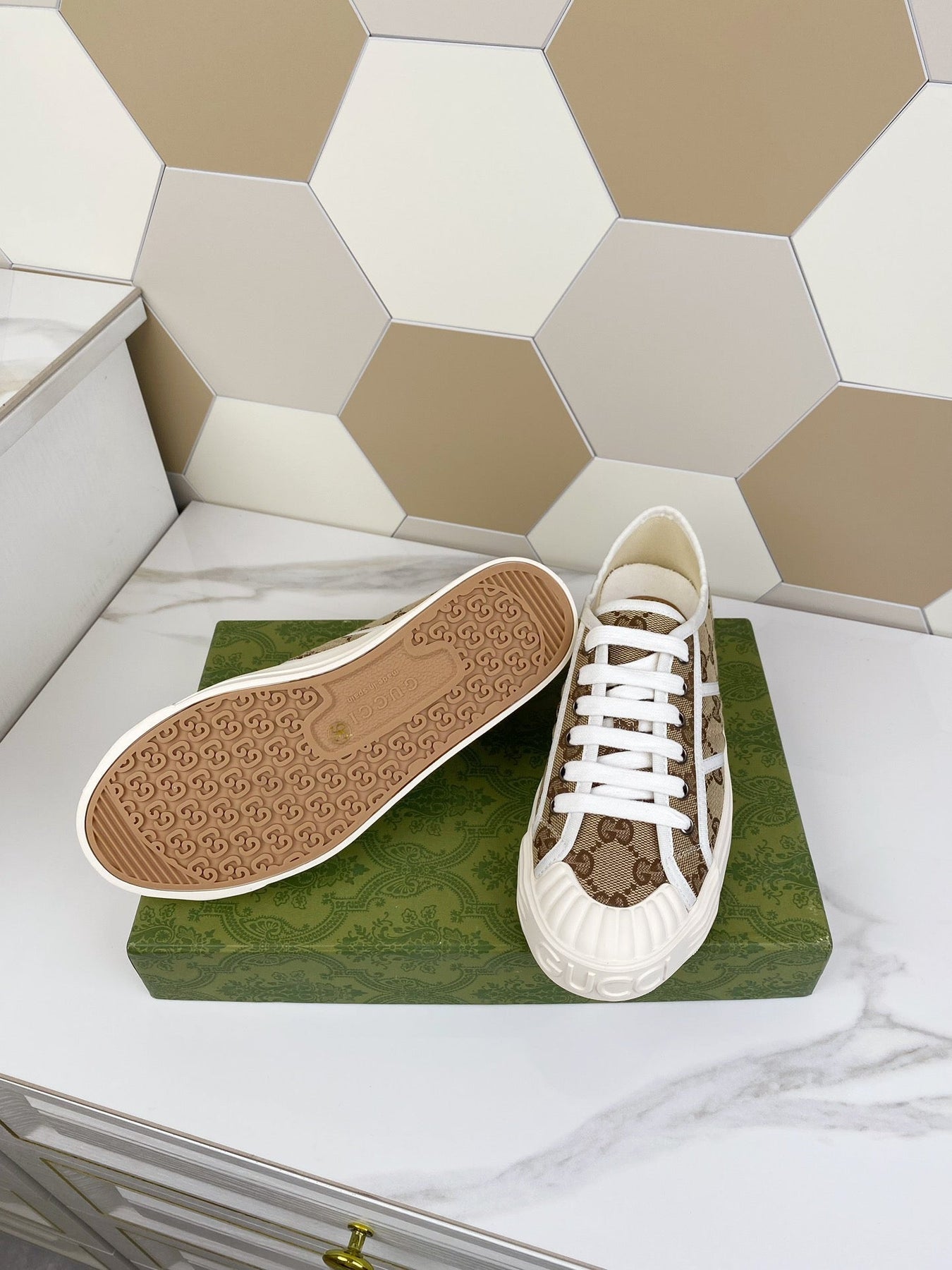 GG JULIO SNEAKER WITH WEB BROWN PATTERNED CANVAS