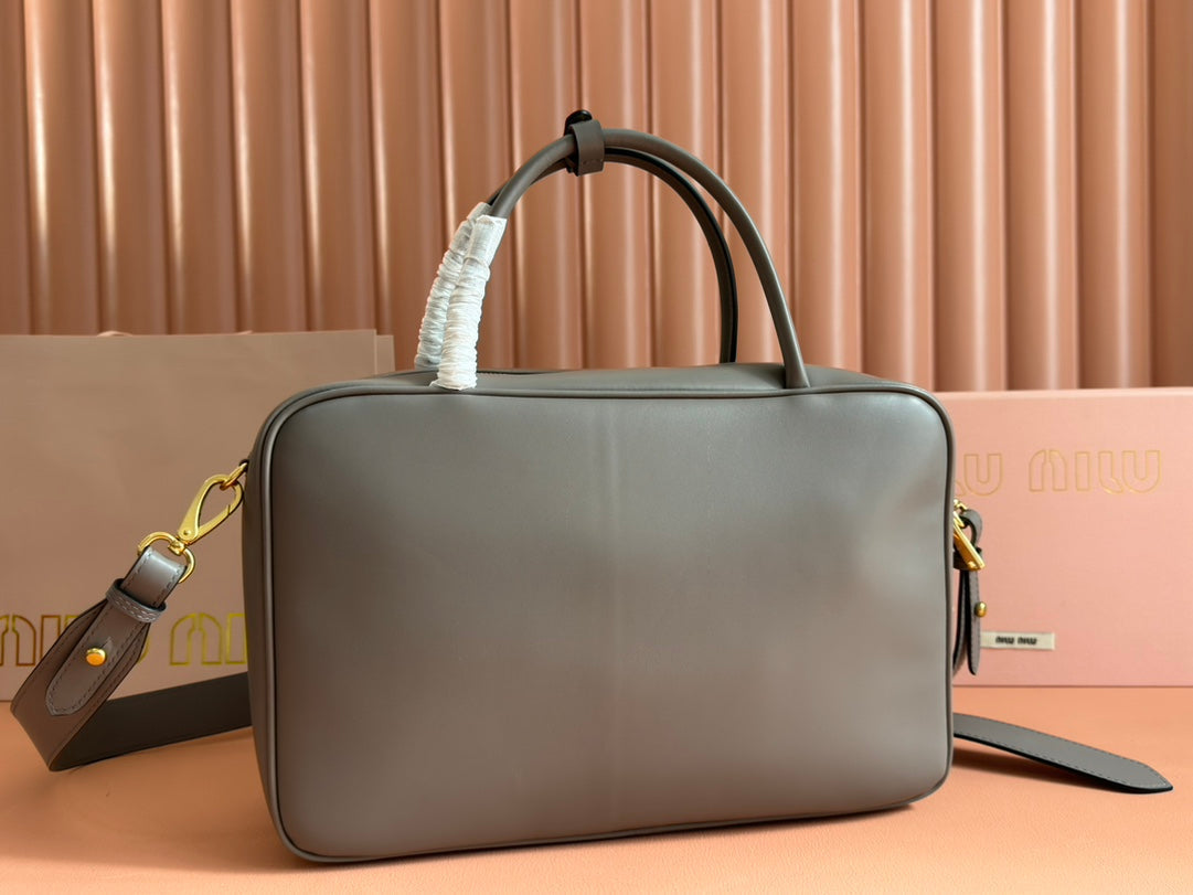 BEAU TOP HANDLE BAG 34 IN DARK GREY SMOOTH CALFSKIN