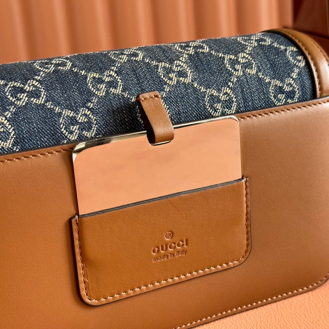 GO SMALL SHOULDER BAG 21.5 IN BLUE DENIM BROWN CALFSKIN