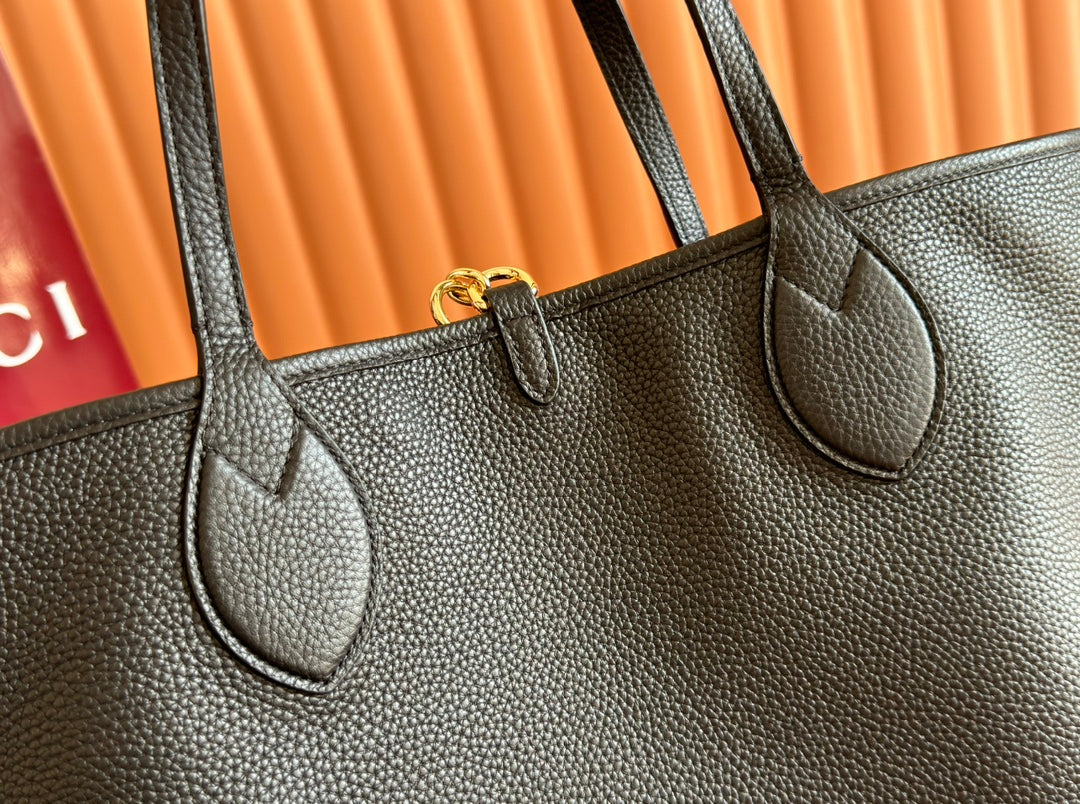 MEDIUM TOTISSIMA REVERSIBLE TOTE BAG 30 IN BLACK CALFSKIN BEIGE AND BROWN GG CANVAS ON SIDE