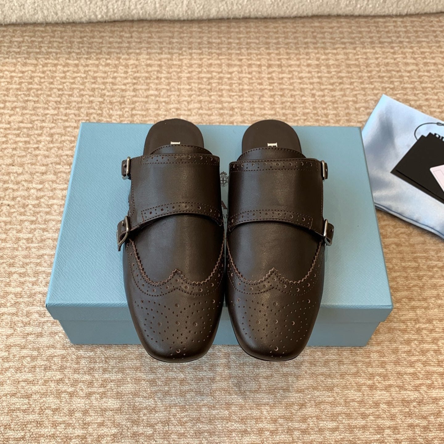 DOUBLE MONK MULES IN WALNUT BROWN CALFSKIN