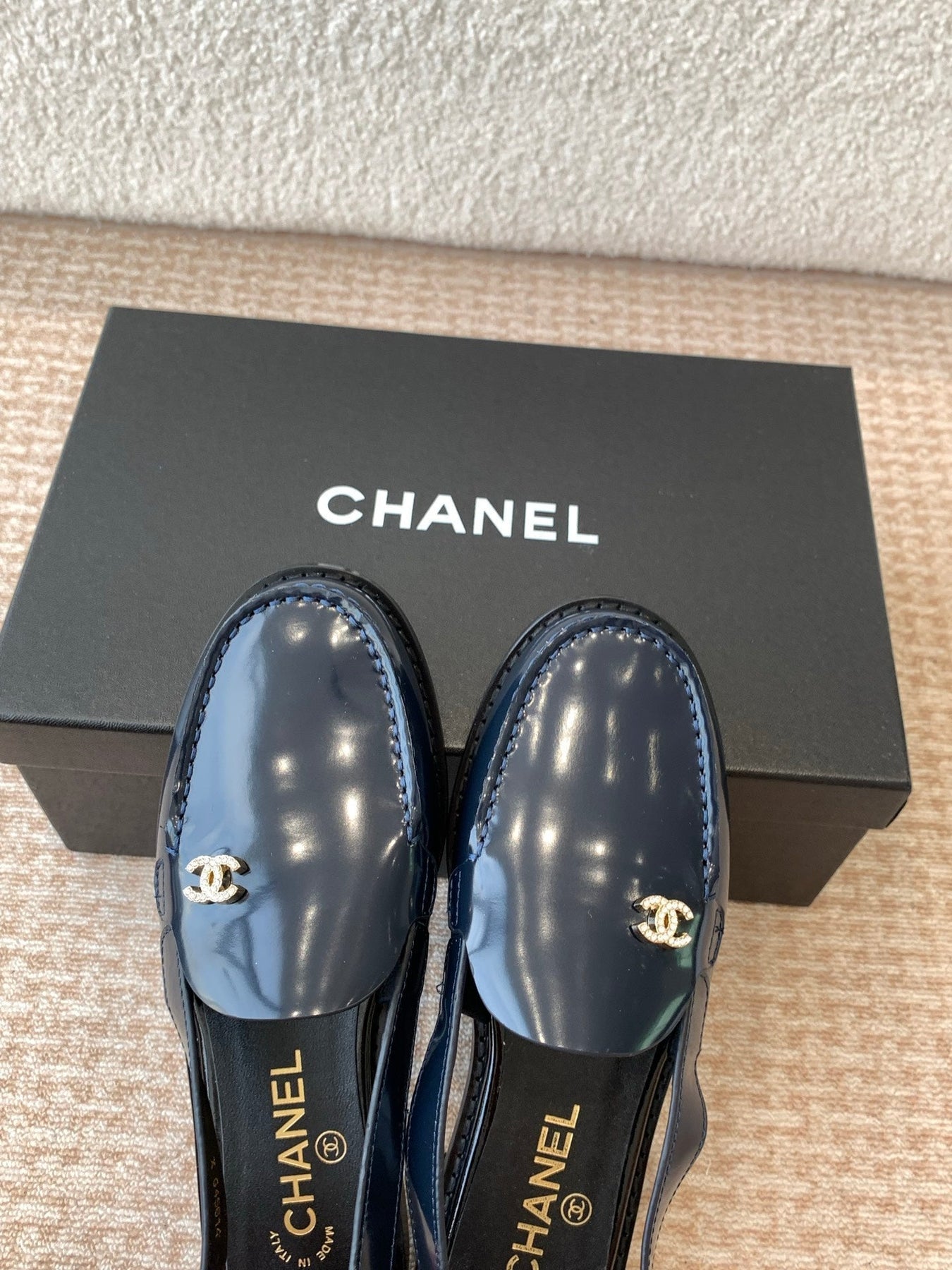 CC MOCCASIN SLINGBACK IN AEGEAN BLUE PATENT CALFSKIN