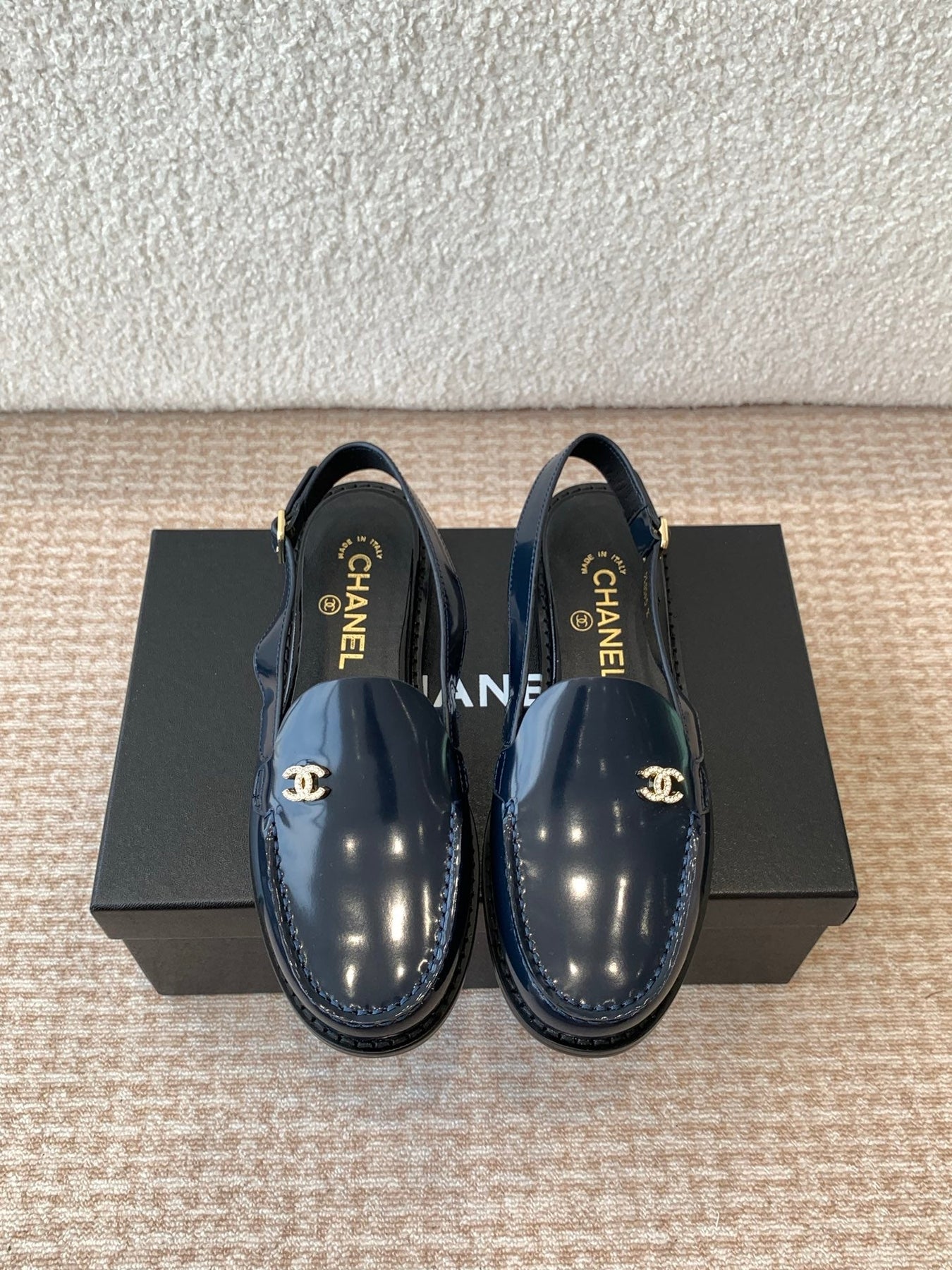 CC MOCCASIN SLINGBACK IN AEGEAN BLUE PATENT CALFSKIN