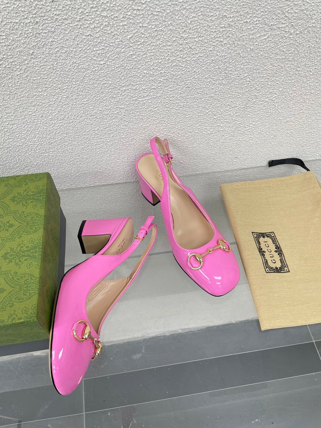 GG WOMEN'S HORSEBIT SLINGBACK 75MM IN FUSICA PINK CALFSKIN