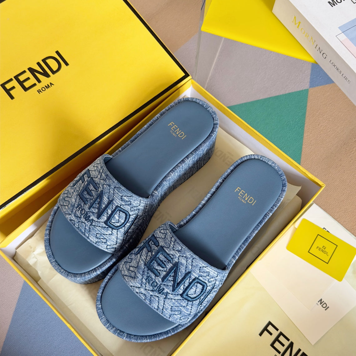 FENDI PLATFORM WEDGES IN STEEL BLUE JACQUARD FABRIC WITH EMBROIDERED LOGO