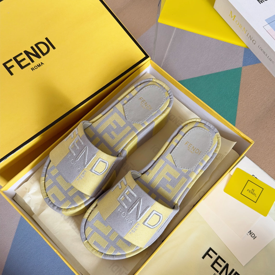 FENDI PLATFORM WEDGES IN LIGHT YELLOW MIX GREY FF MONOGRAM FABRIC