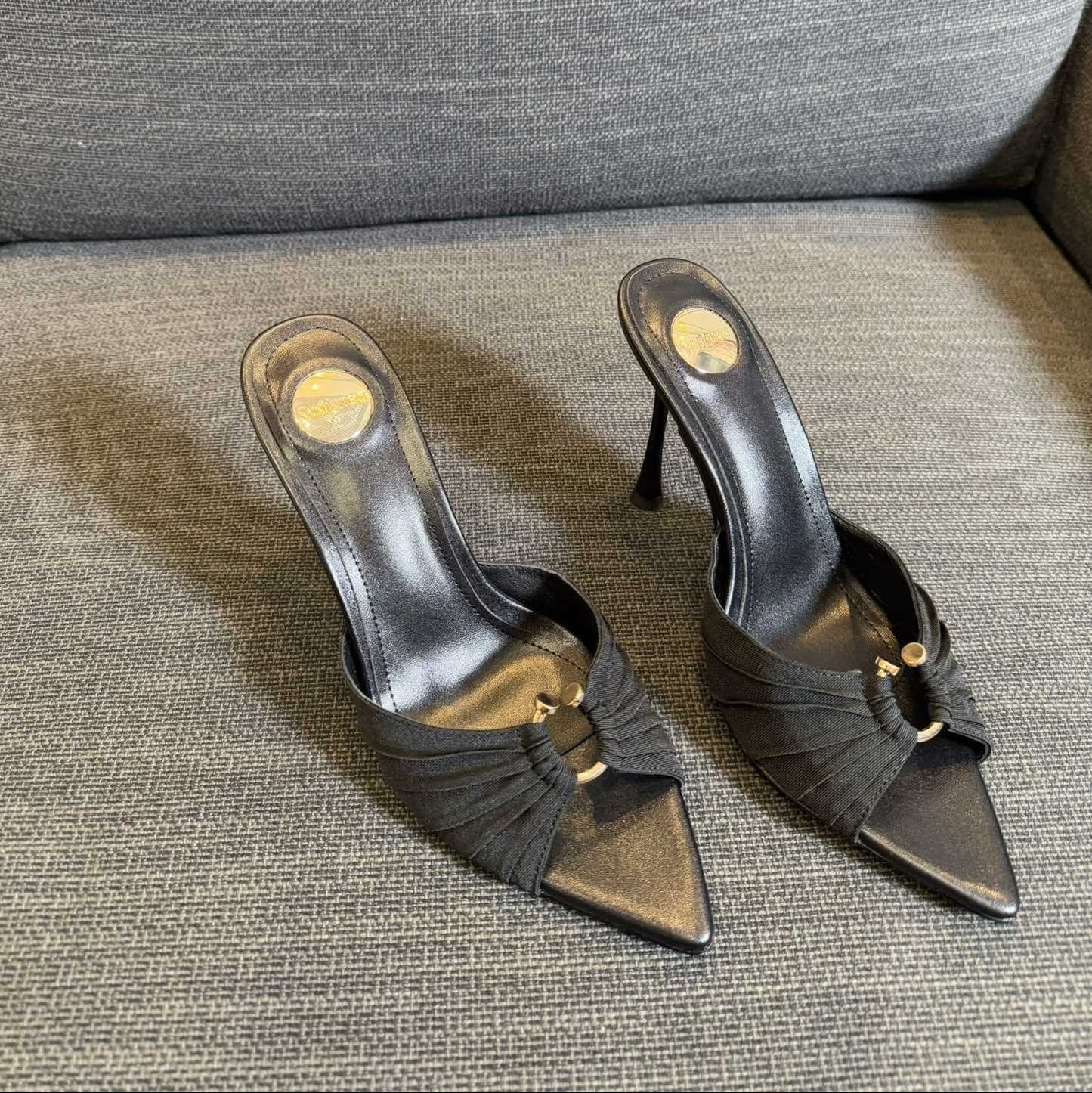 LOLA HIGH MULES IN BLACK SMOOTH LAMBSKIN AND DRAPED JERSEY