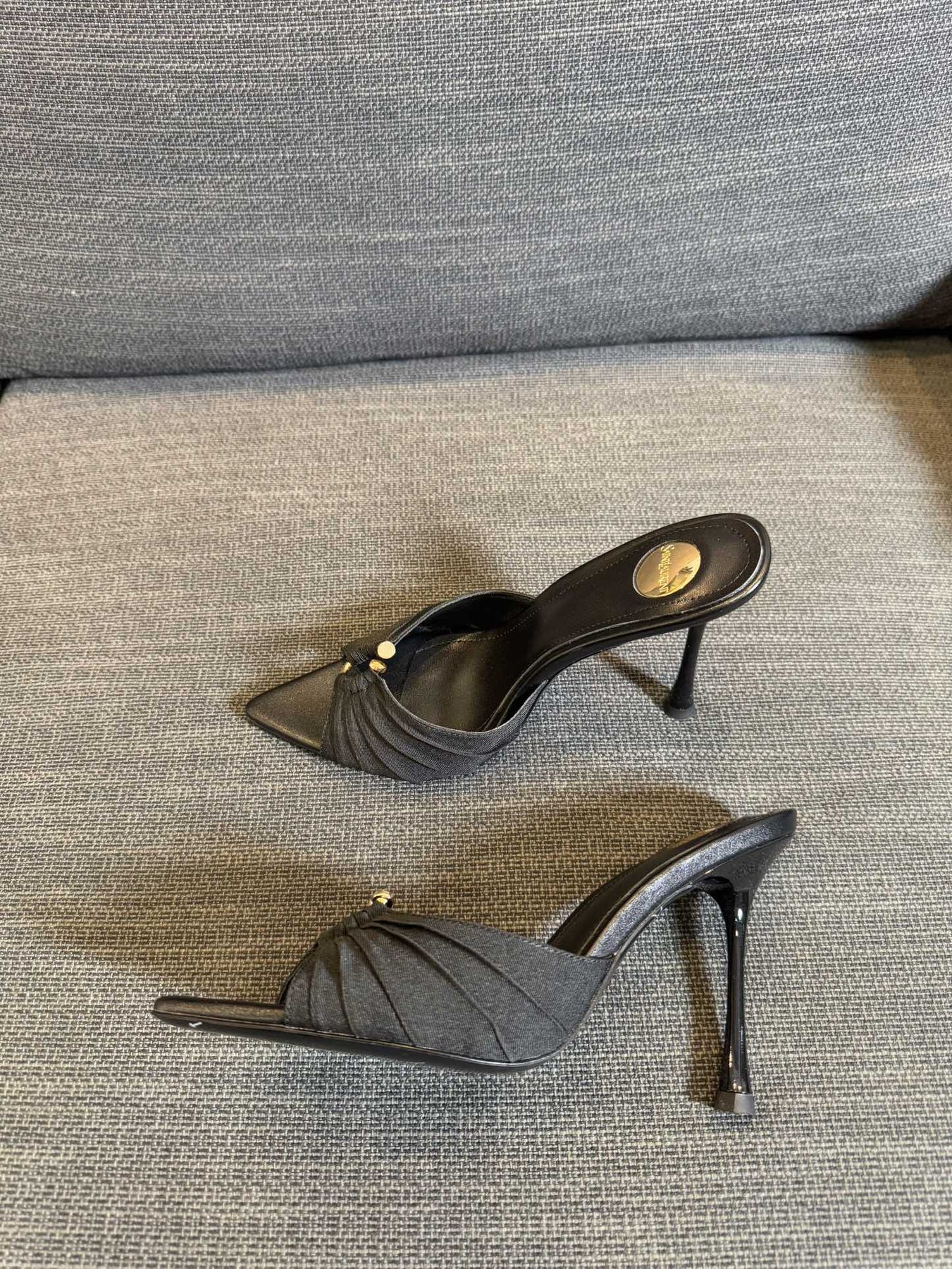 LOLA HIGH MULES IN BLACK SMOOTH LAMBSKIN AND DRAPED JERSEY