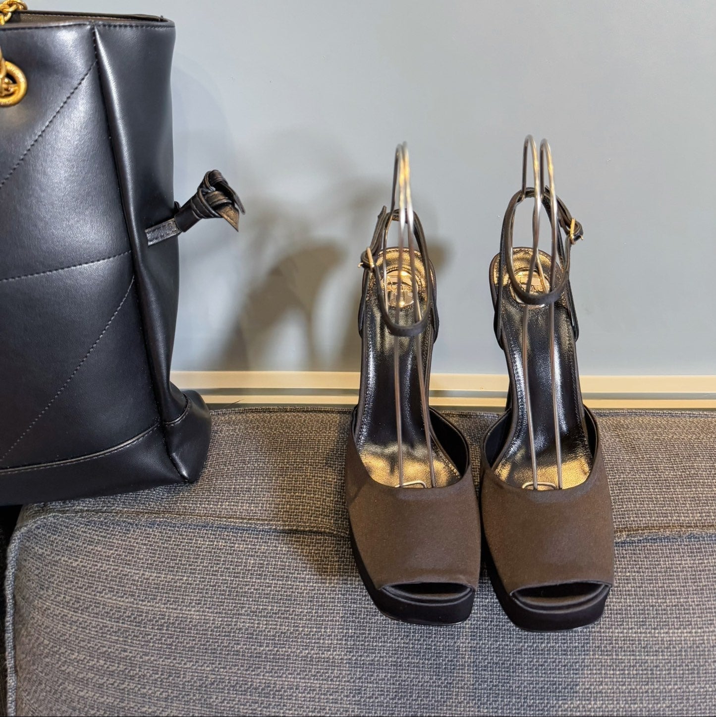 LA SCANDALE PLATFORM SANDALS IN TAUPE BROWN SATIN