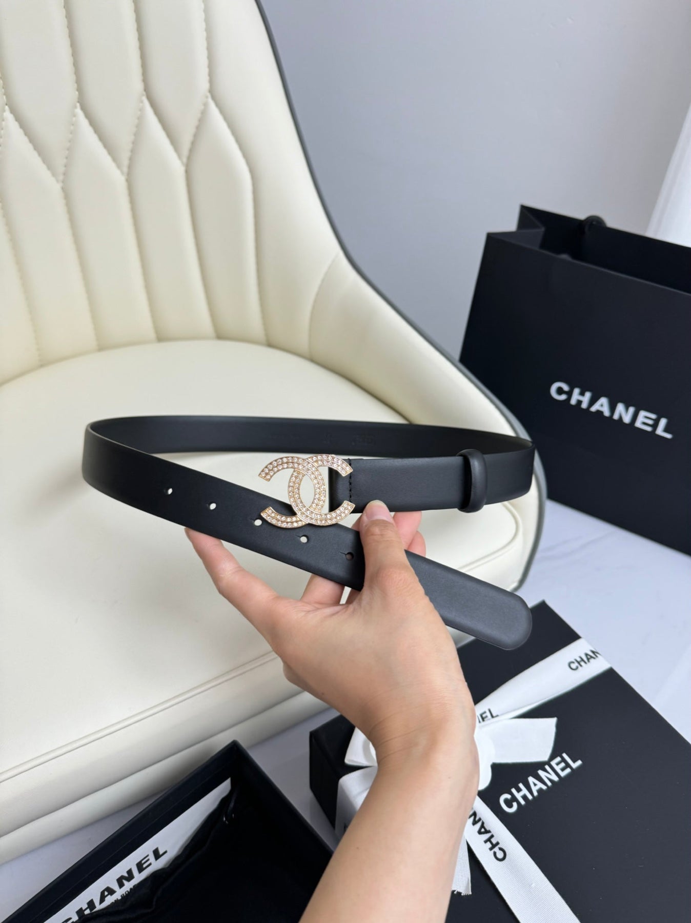 CC BELT 30MM IN BLACK SMOOTH CALFSKIN GOLD HARDWARE ATTACH RHINSTONES