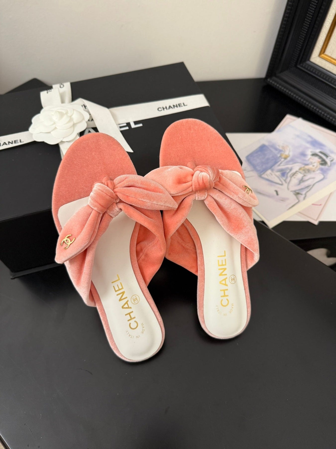 CC 25C Thong Sandal Bow Pink Velvet fabric 233567