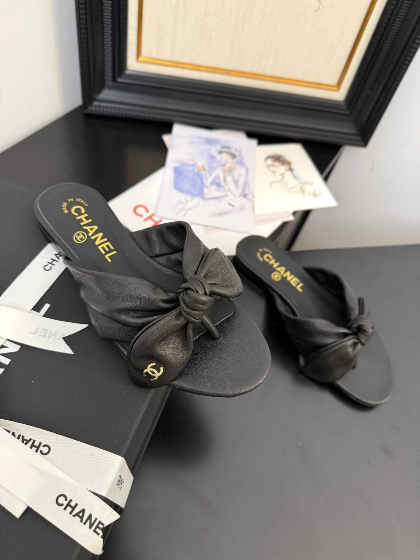 CC 25C Thong Sandal Bow Black Lambskin 233562