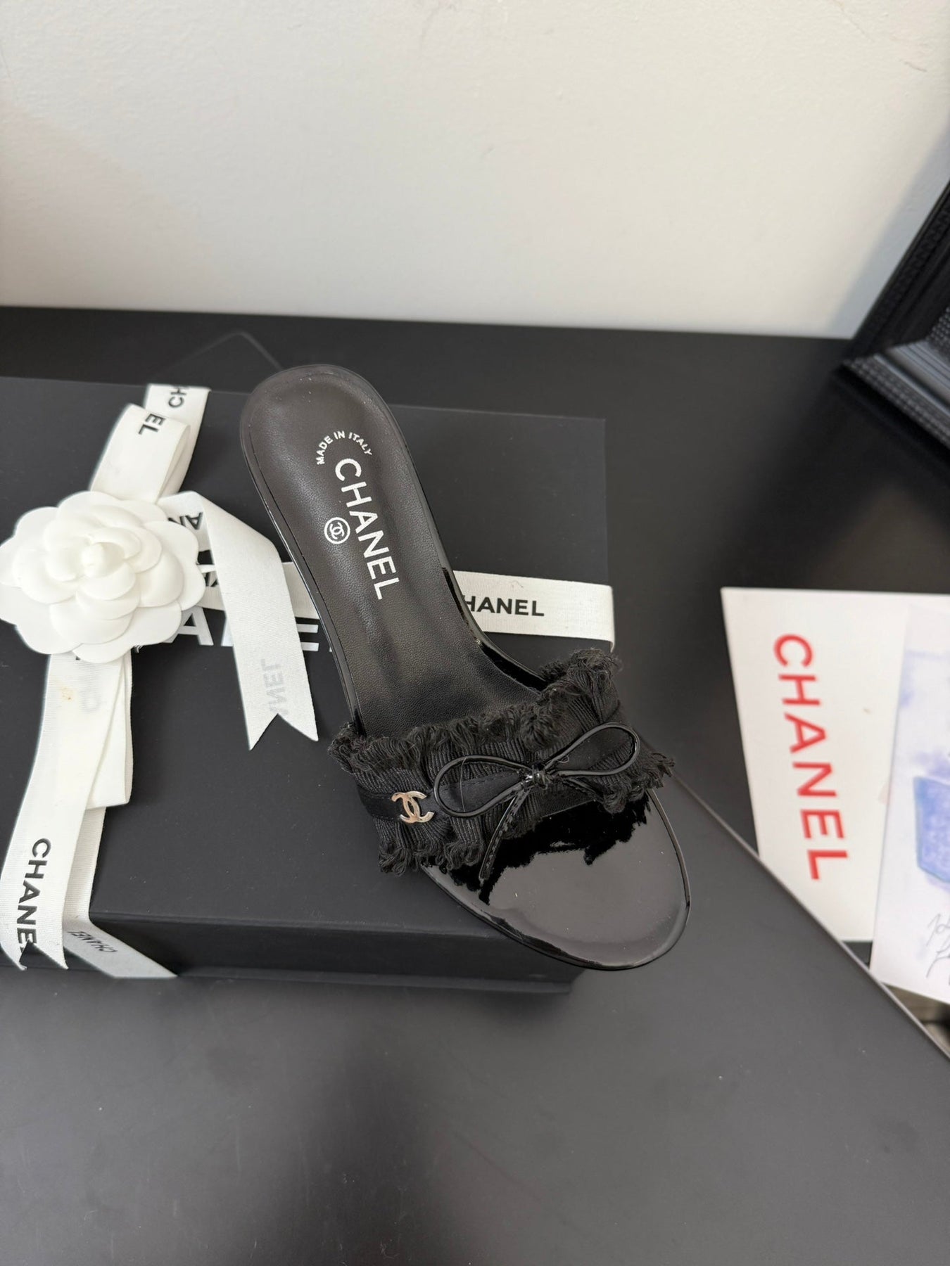 BLACK GROSGRAIN CANVAS BOW MULE SANDALS 65 MM