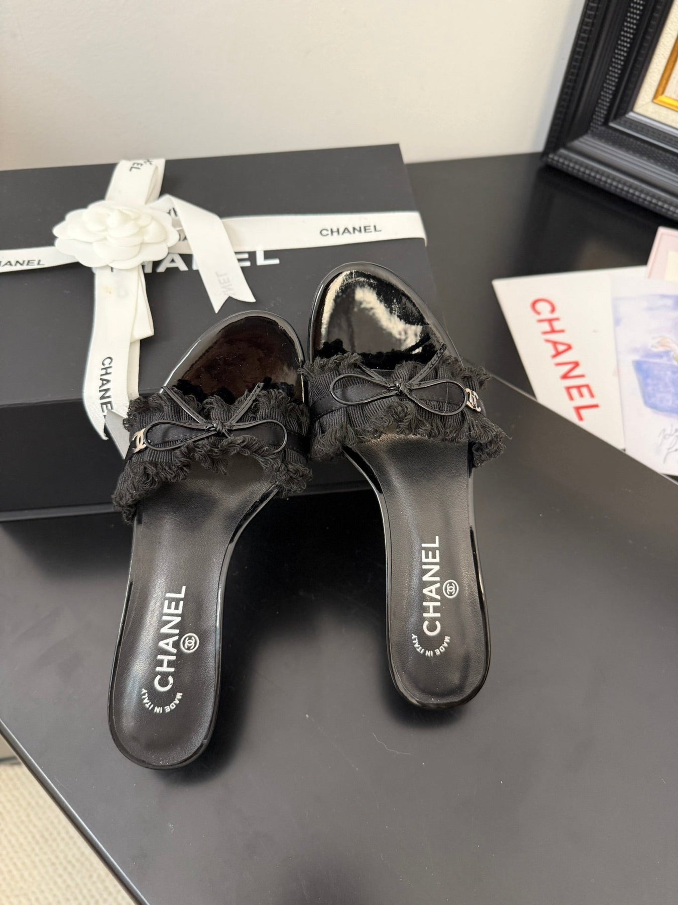 BLACK GROSGRAIN CANVAS BOW MULE SANDALS 65 MM