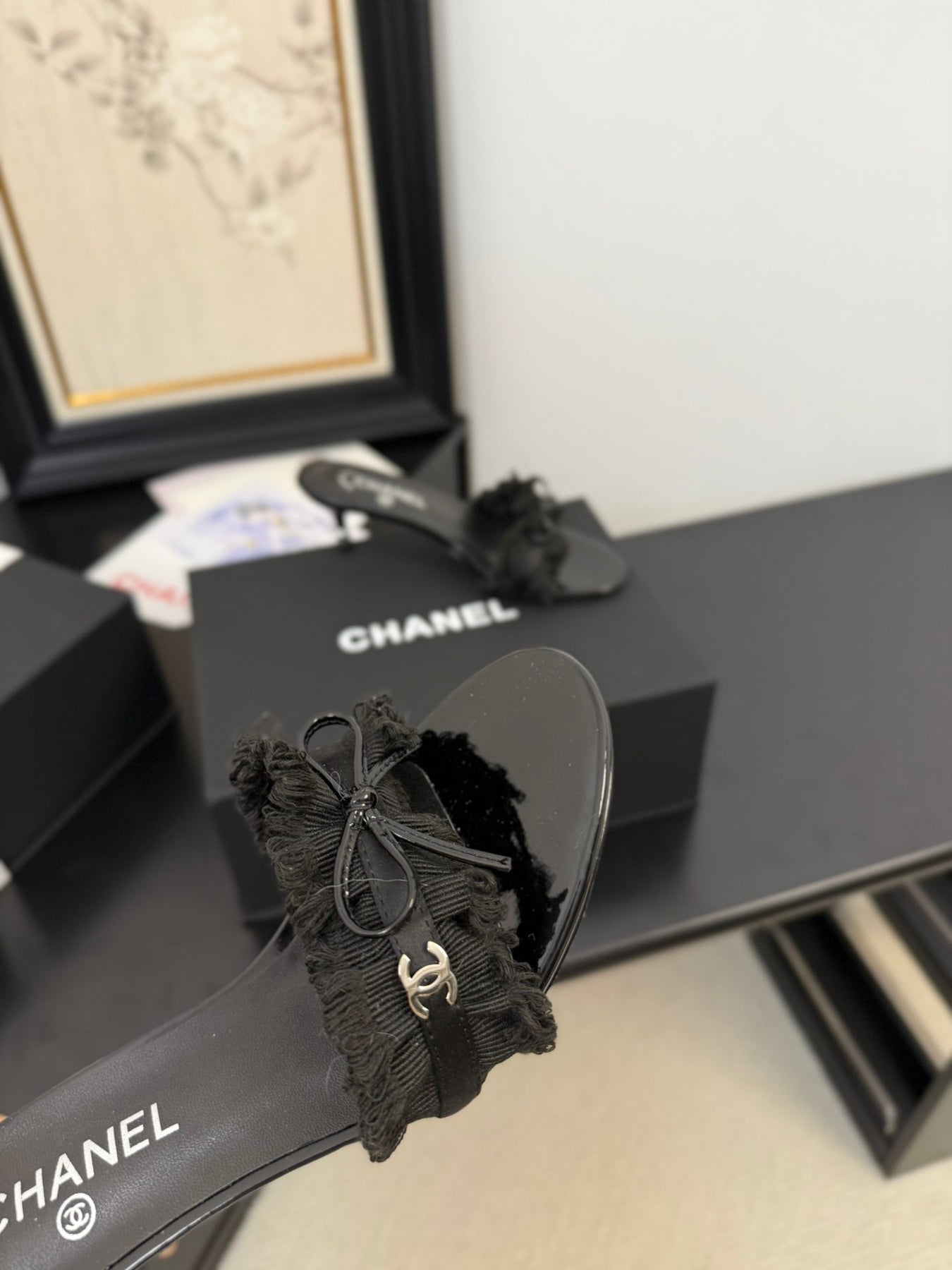 BLACK GROSGRAIN CANVAS BOW MULE SANDALS 65 MM