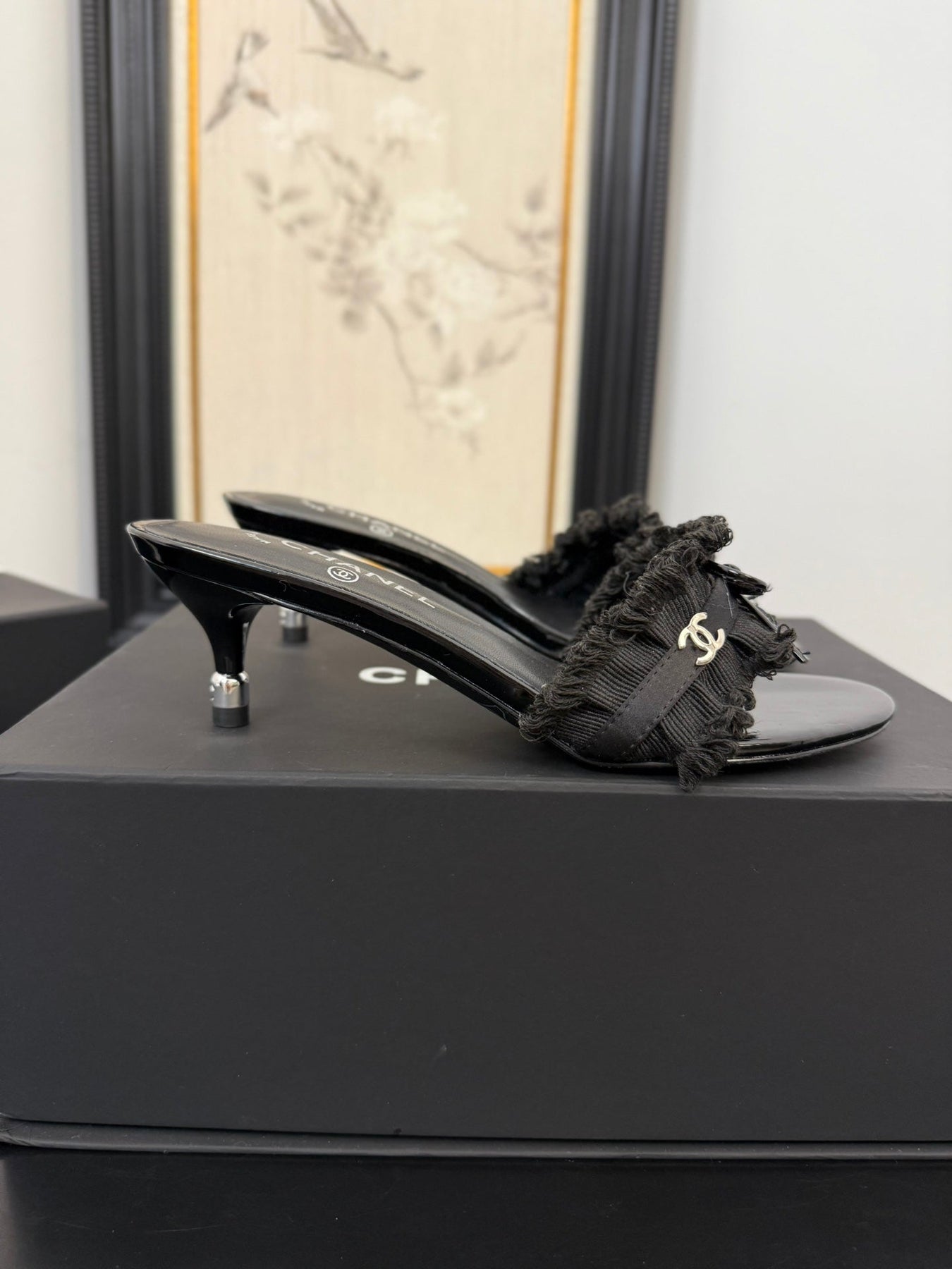 BLACK GROSGRAIN CANVAS BOW MULE SANDALS 65 MM