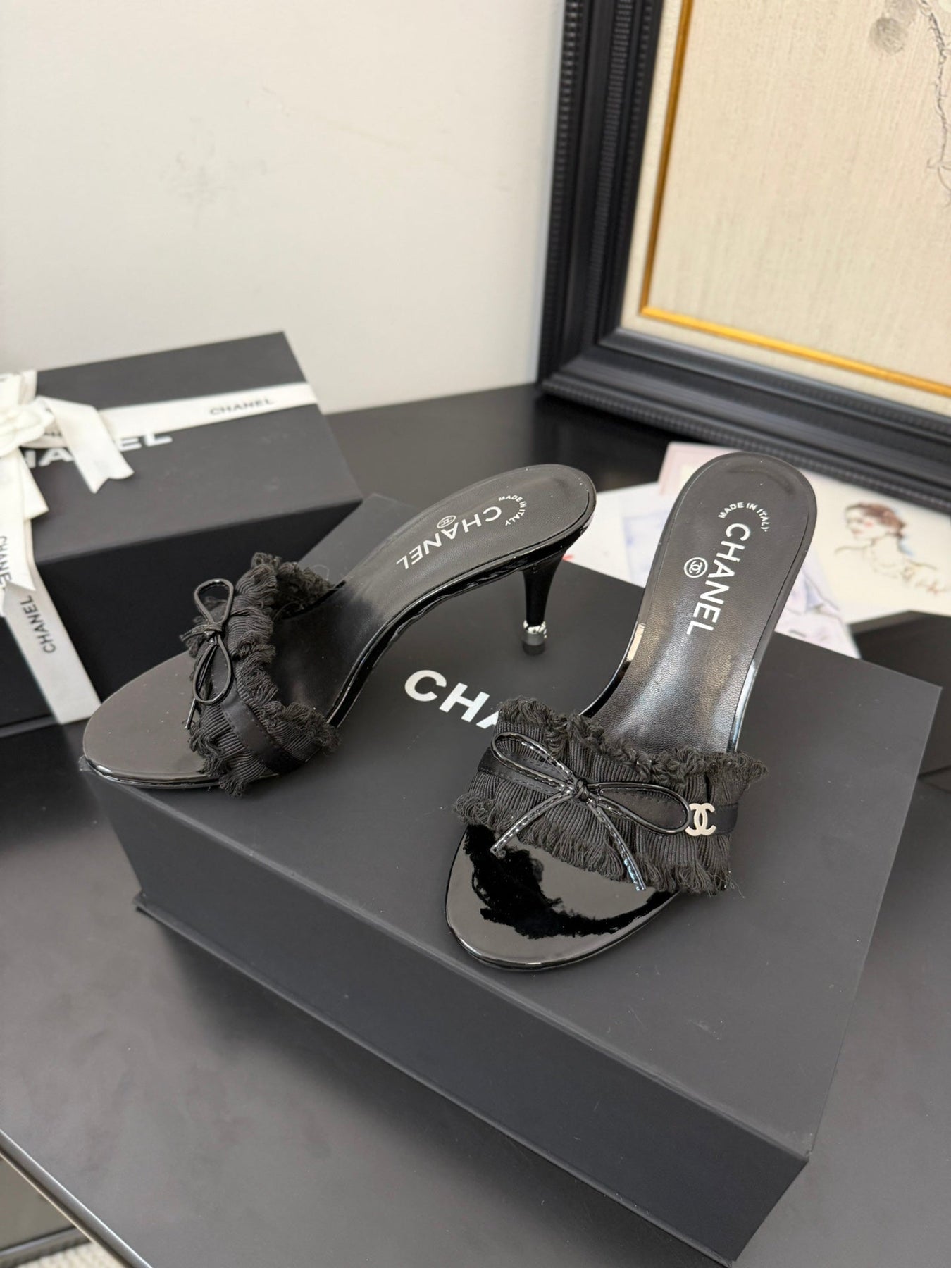 BLACK GROSGRAIN CANVAS BOW MULE SANDALS 90 MM