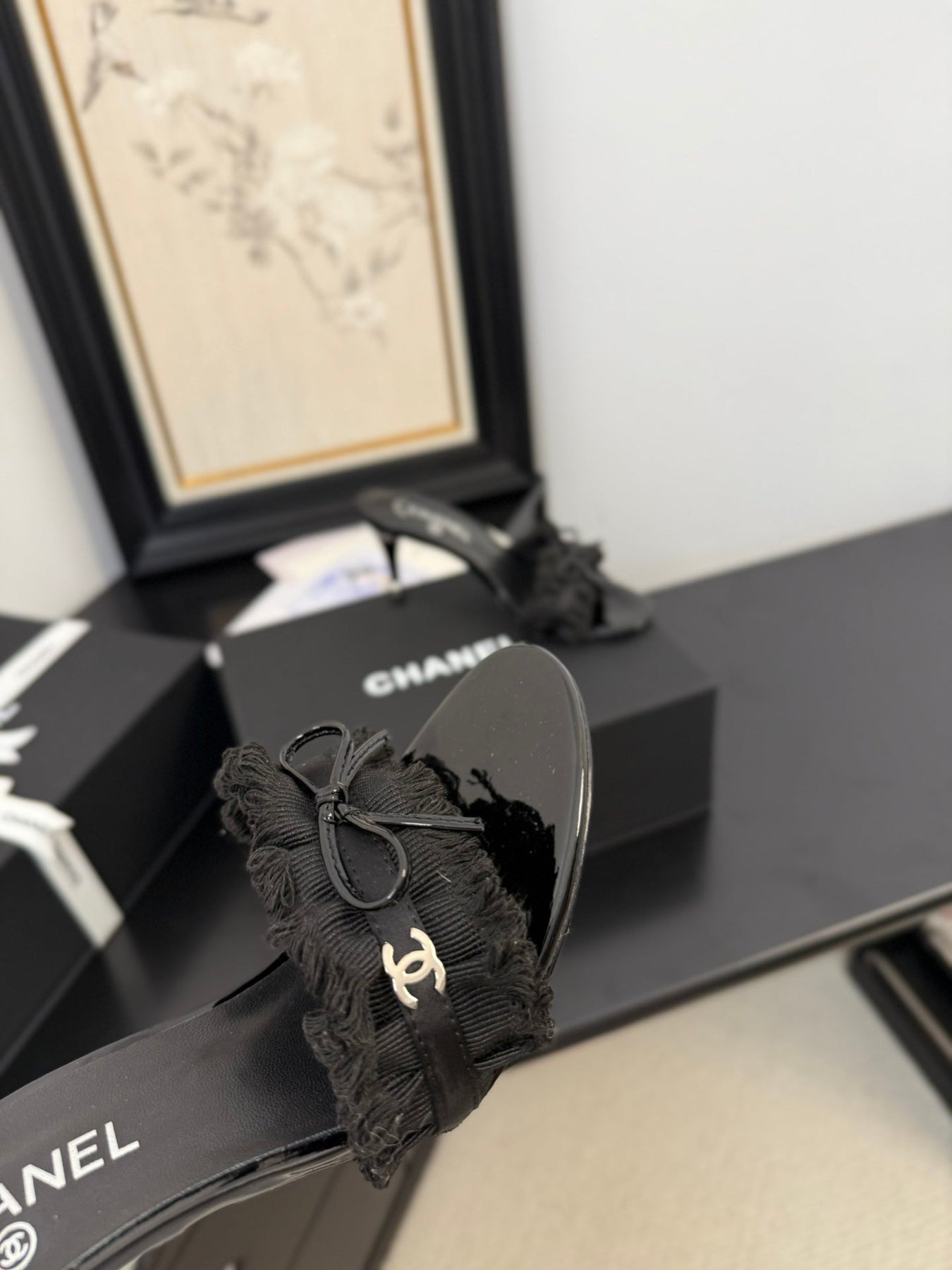 BLACK GROSGRAIN CANVAS BOW MULE SANDALS 90 MM