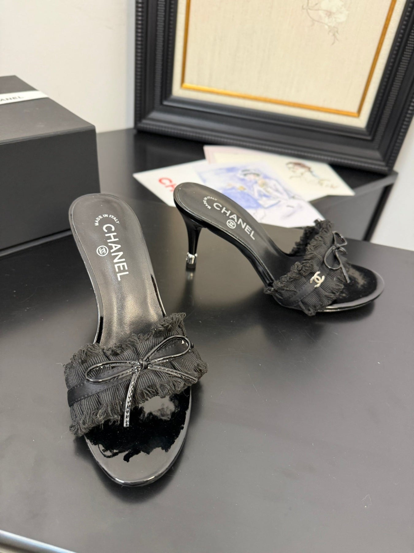 BLACK GROSGRAIN CANVAS BOW MULE SANDALS 90 MM