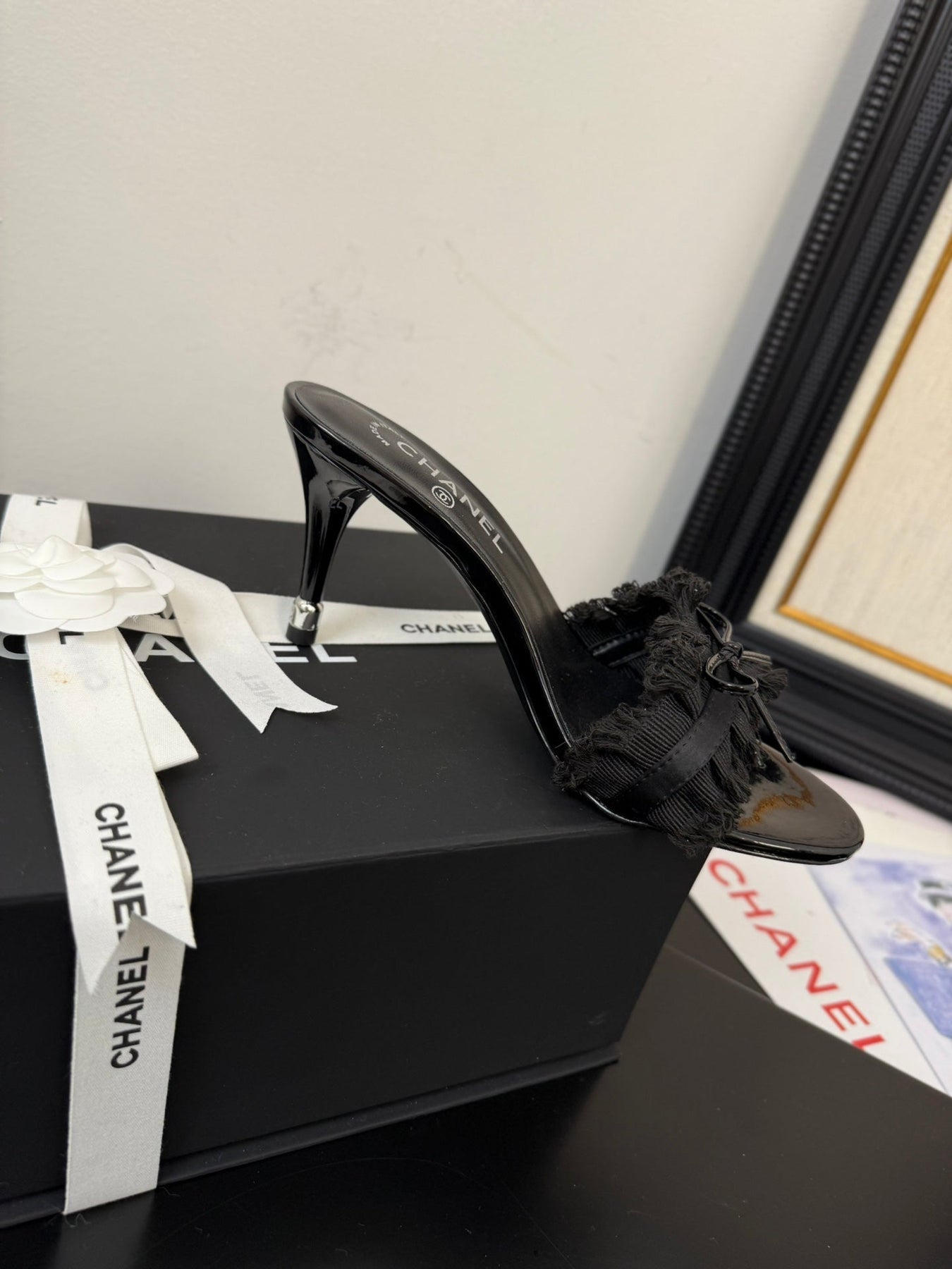 BLACK GROSGRAIN CANVAS BOW MULE SANDALS 90 MM