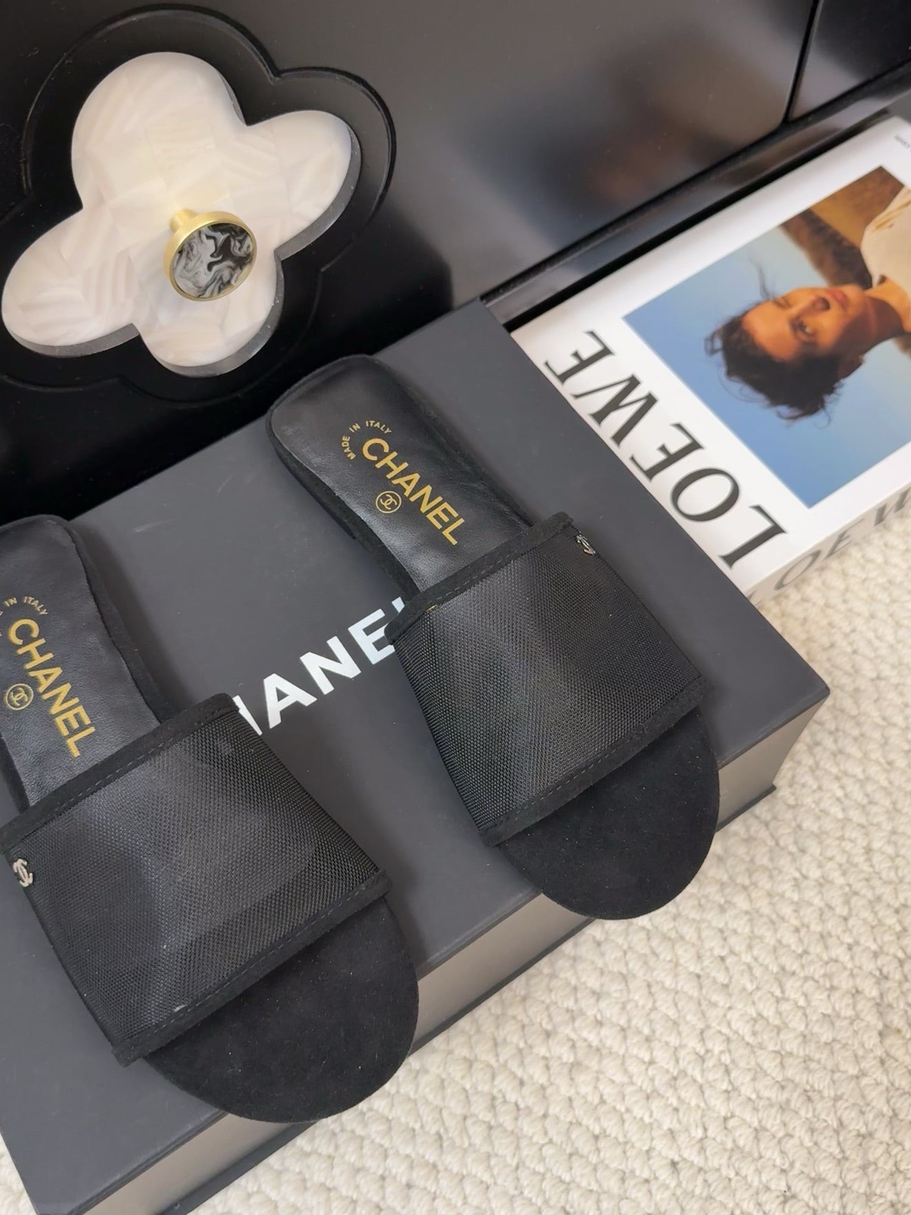 FLAT SLIDE IN BLACK MESH AND SUEDE