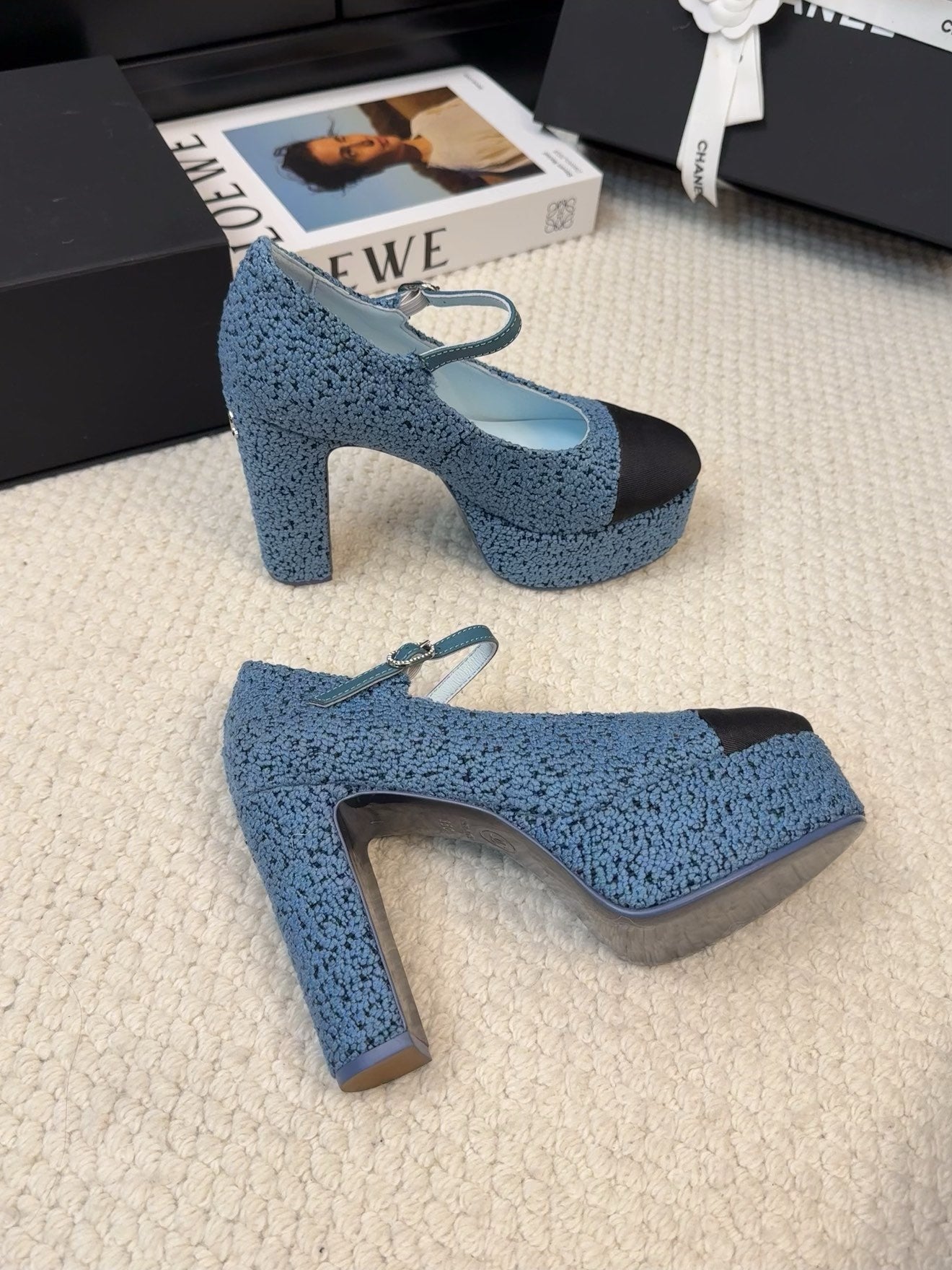 FLATFORM SANDAL IN AEGEAN BLUE TWEED AND BLACK FABRIC