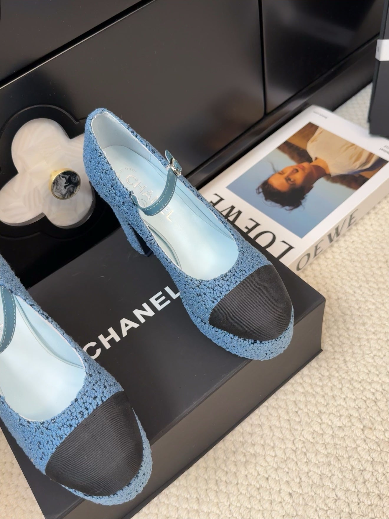 FLATFORM SANDAL IN AEGEAN BLUE TWEED AND BLACK FABRIC