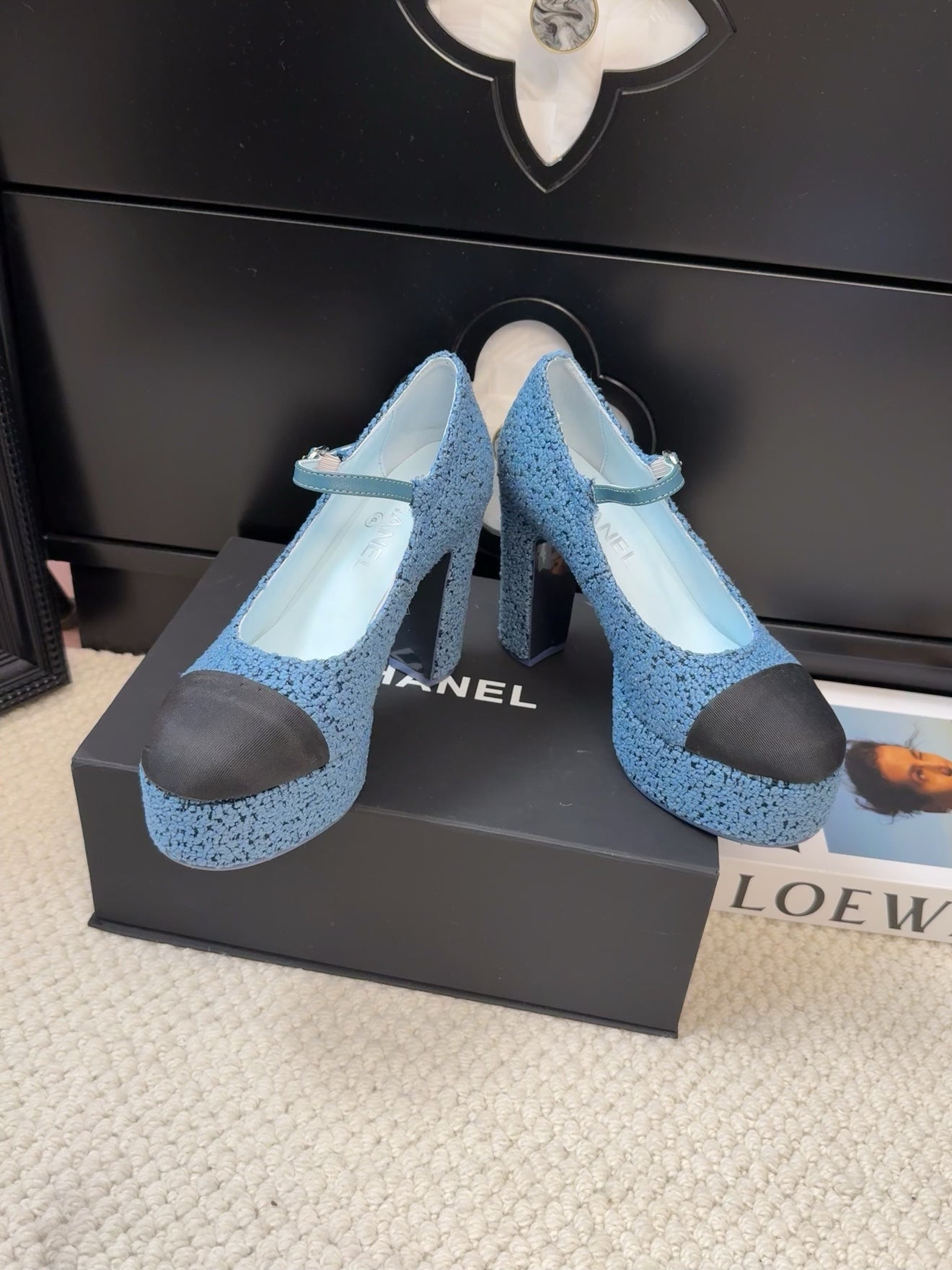FLATFORM SANDAL IN AEGEAN BLUE TWEED AND BLACK FABRIC