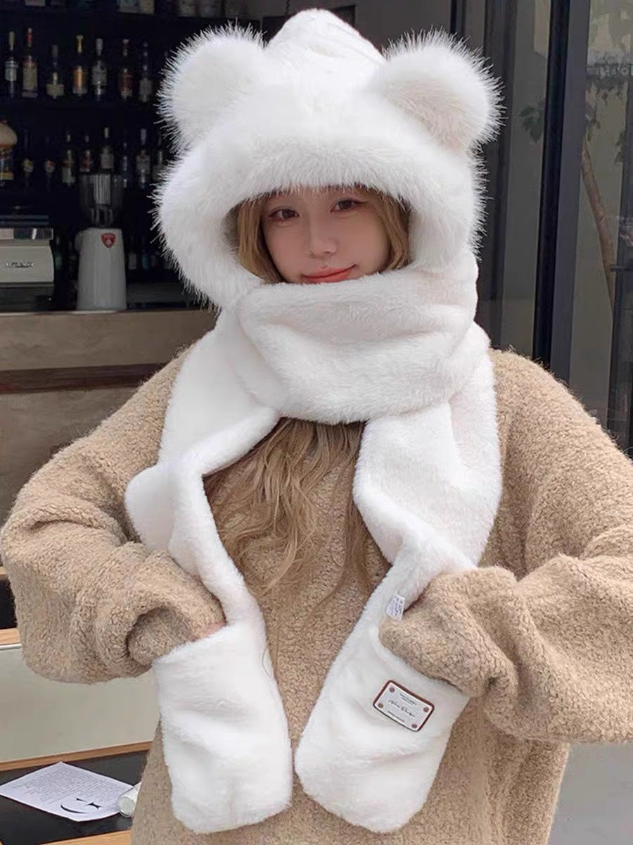 PLUSH WARM HAT IN WHITE RABBIT FUR WITH FOX EARS 439587